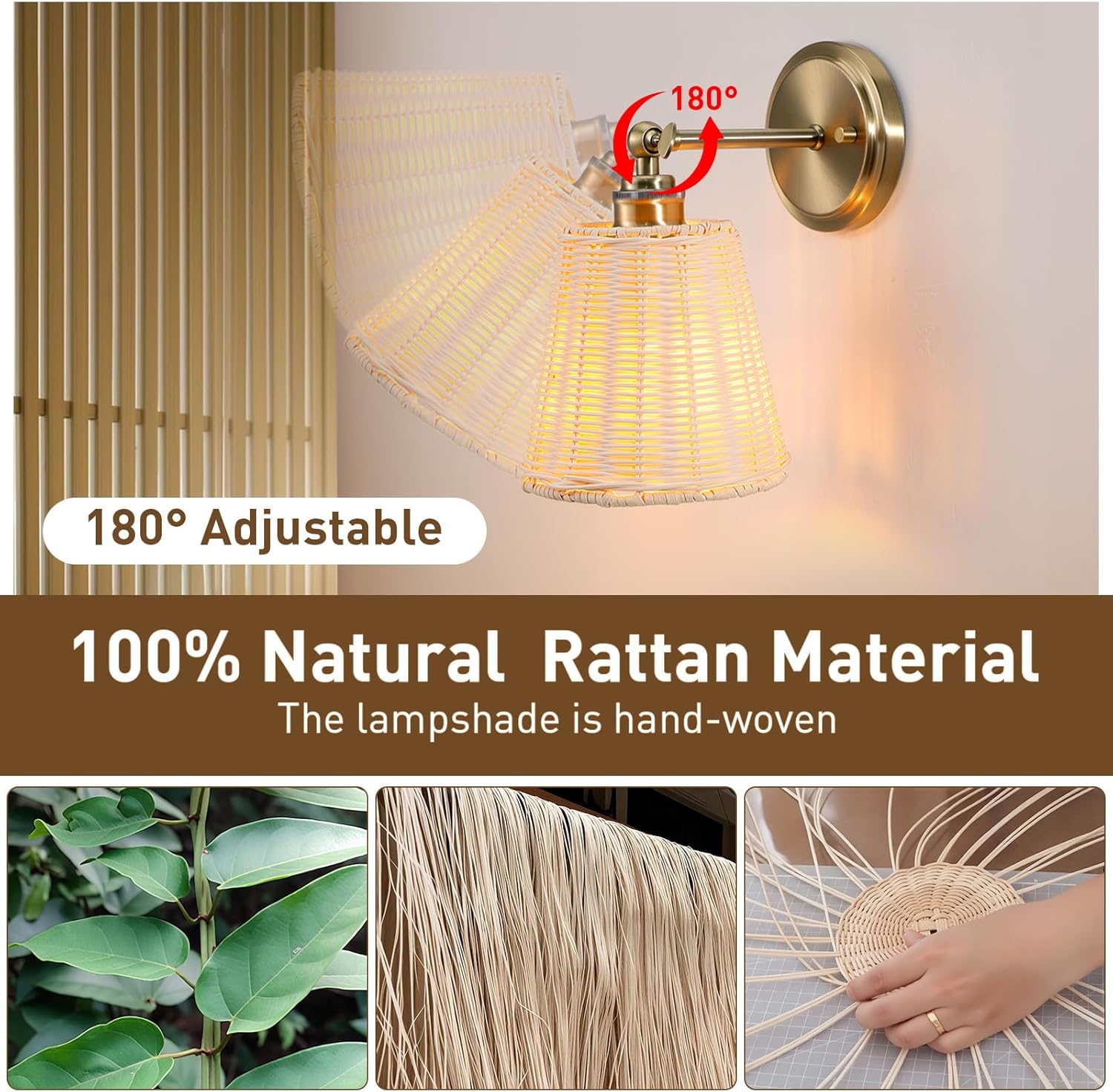 Rattan Sconces Wall Sconces Set of Two, Hand-Woven Wicker Lampshade Indoor Wall Lamp, Boho Sconces Set for Bedroom Living Room Corridor Plug-in or Hardwired