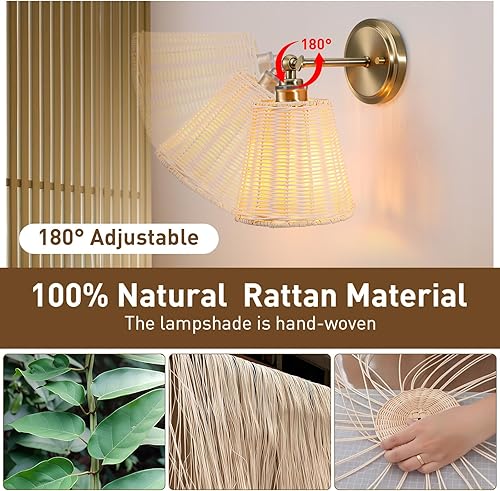 Miniatura 3 de Juego de dos apliques de pared de ratán, pantalla de mimbre tejida a mano, lámpara de pared para interiores, juego de apliques bohemios para