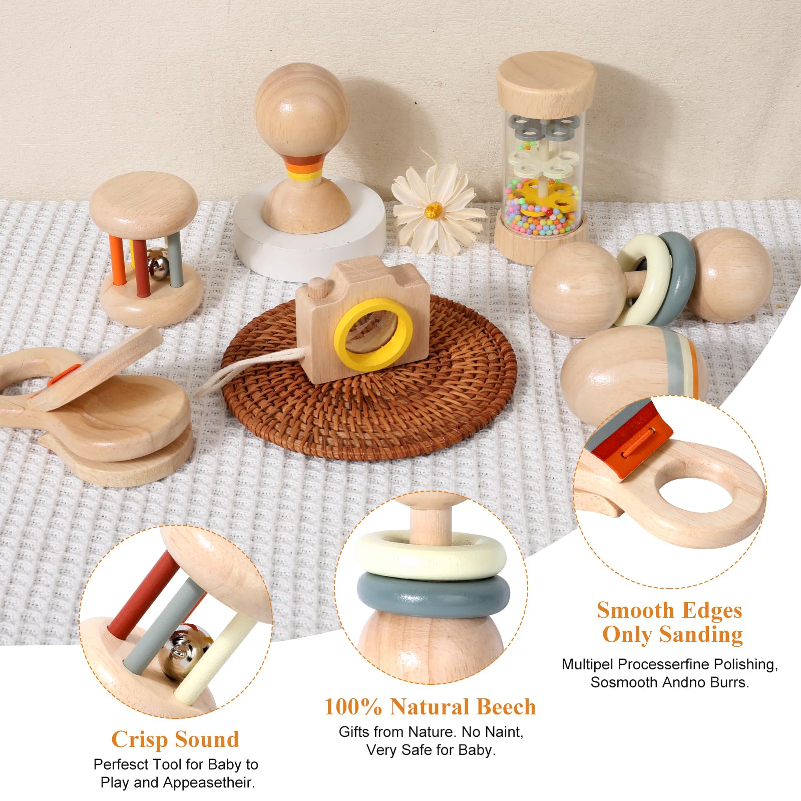 WODI Wooden Baby Toy 7pcs, Montessori Toys for Babies 0-3-6-12 Months, Toddler Hand Wooden Rattles Toy Set for Infant Grasping with Storage Bag, Sensory Development, Gift for Baby Boys Girls