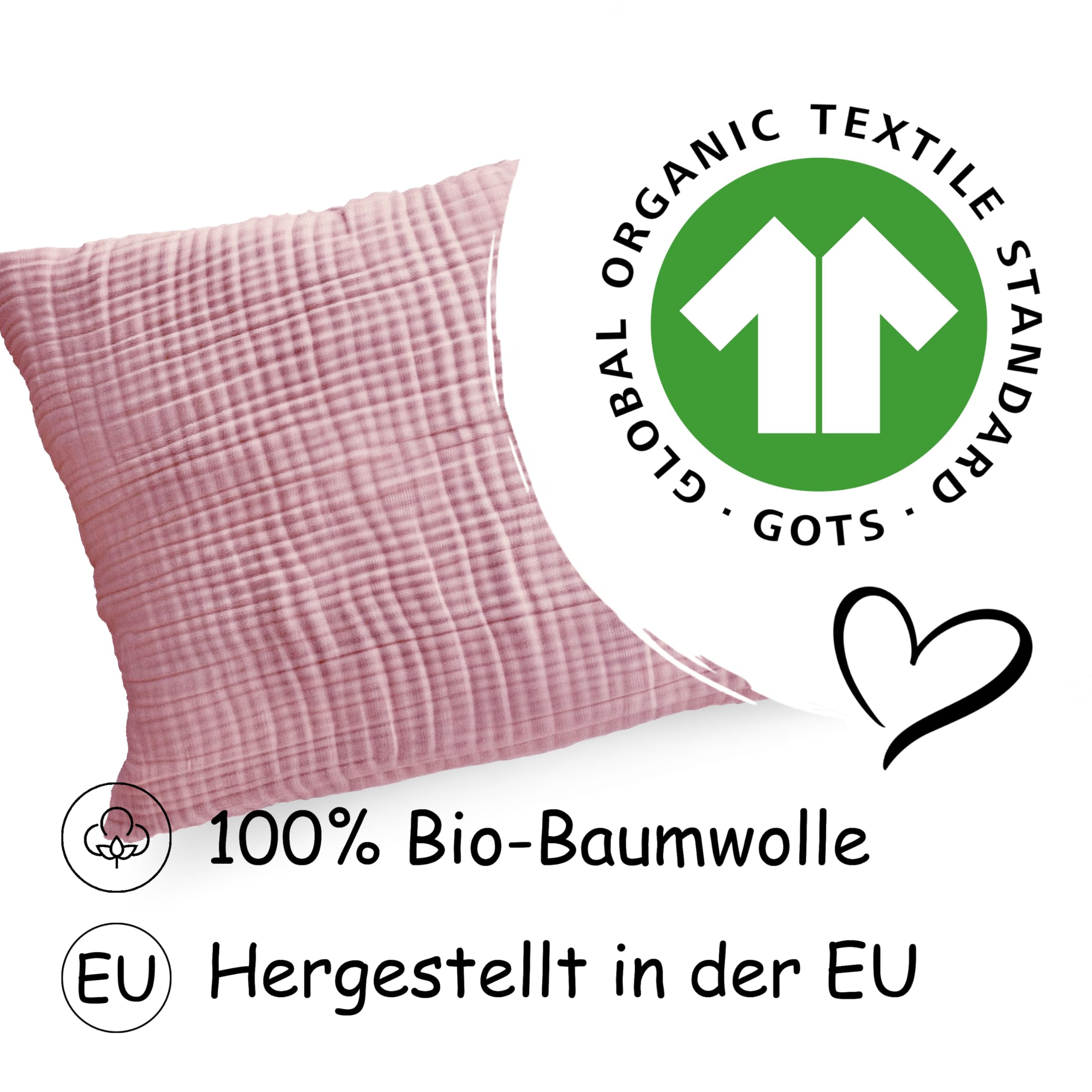 PinkZebra Funda de cojín de muselina orgánica de 40 x 80 cm, doble gauz, para niños y adultos, con certificado ÖkoTex, suave funda de almohada con certificación GOTS, color rosa polvo