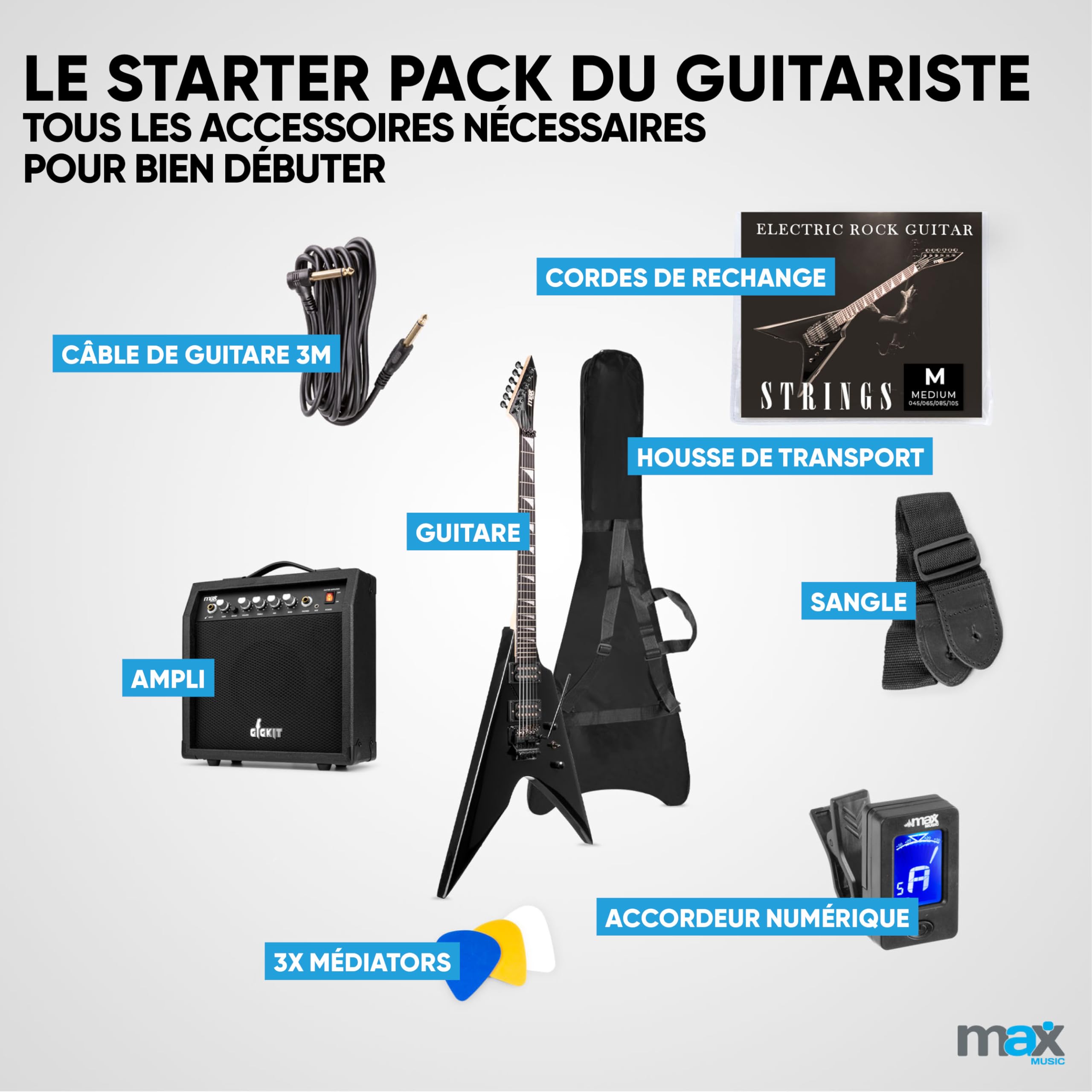 Max Pack Guitare Électrique Style V avec Ampli 40 Watts et Nombreux Accessoires, Housse, Accordeur, Cordes de rechange, Sangle, Câble 3m et Médiators, Kit Complet pour Bien Débuter - Noir