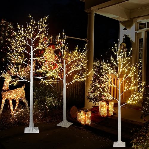 Seizeen Árbol de Abedul de 4 pies, 5 pies y 6 pies con Luces LED, Blanco Cálido, Paquete de 3, Luces de Árbol de Abedul Artificial con Temporizador,