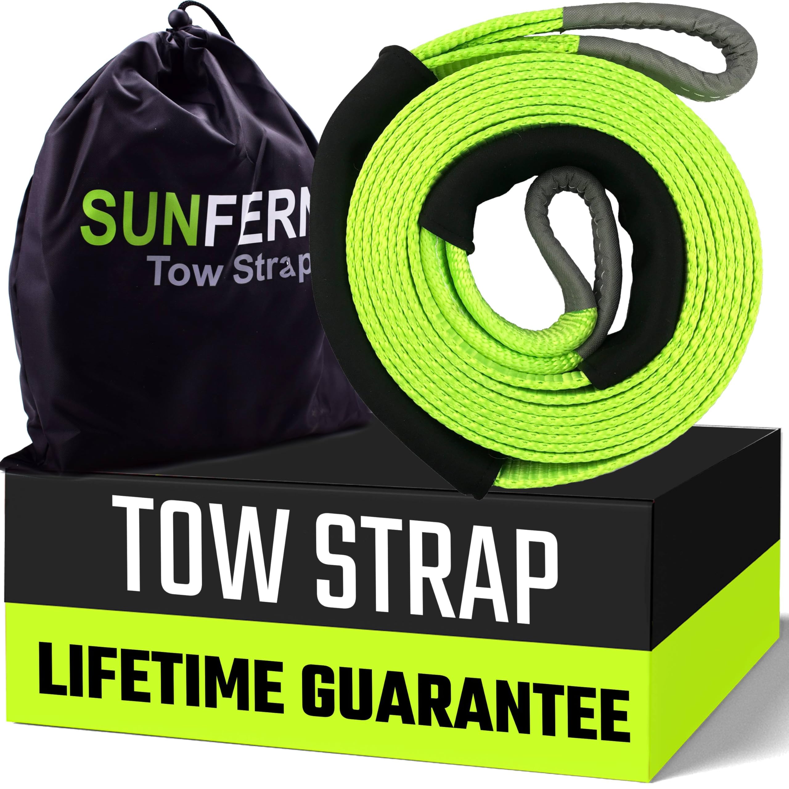 Sunferno Recovery Tow Strap 35000lb Break Strength - Lab Tested Heavy Duty 3"x20' Winch Snatch Straps - Recover Your Vehicle Stuck in Mud/Snow - Protective Loops - Off Road Towing Rope Truck Accessory