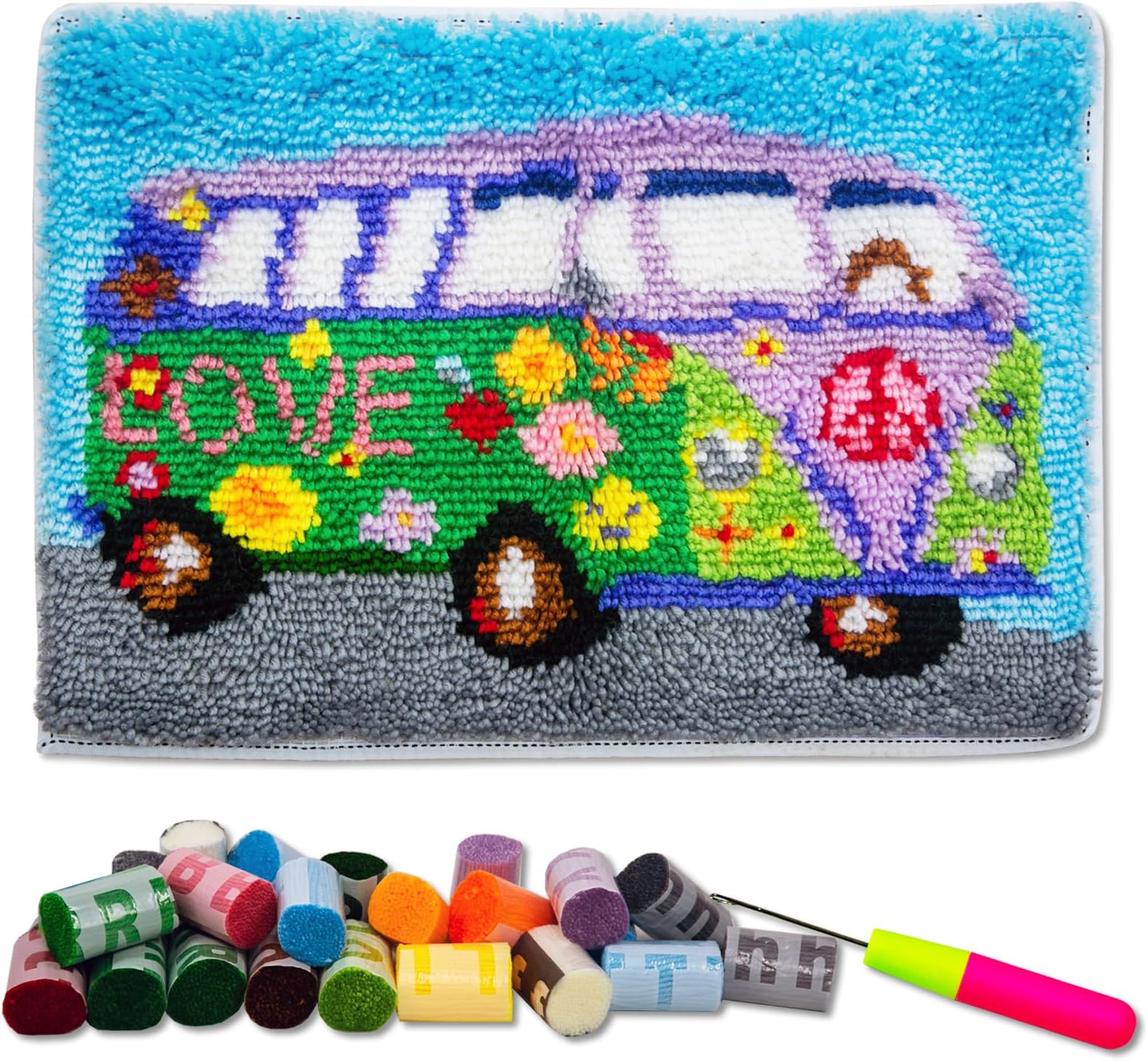 LAPATAIN Latch Hook Kits DIY Crochet Yarn Kits,Flower Car Carpet Embroidery H...