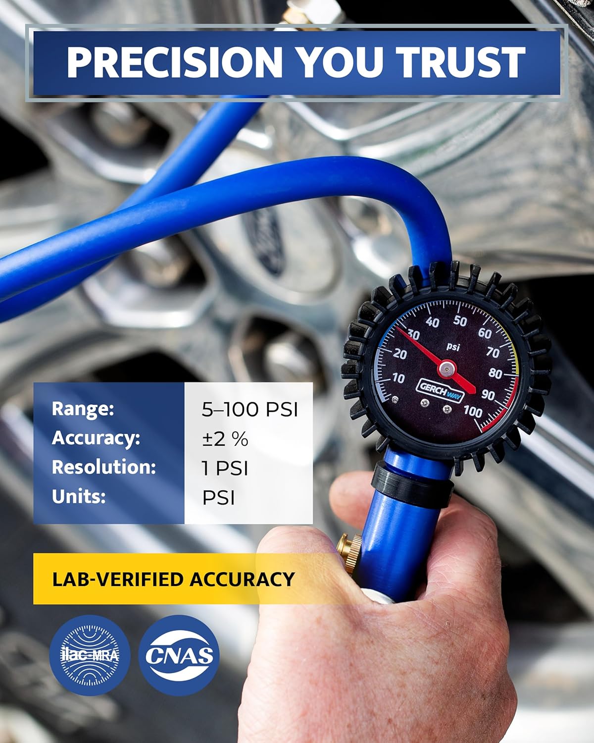 Tire Inflator with Pressure Gauge and Longer Hose - Most Accurate, Heavy Duty Air Chuck with Gauge for Air Compressor Tire Inflator Attachment - 100PSI - Image 3