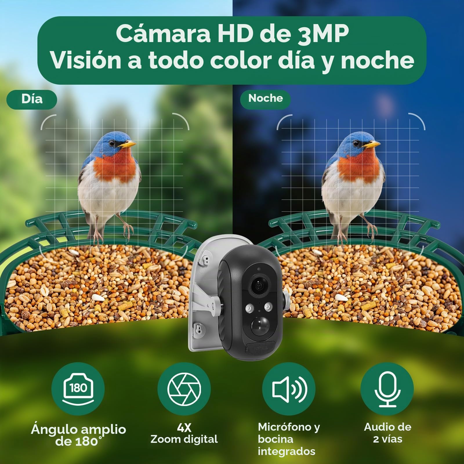 Comedero para pájaros con cámara, caseta solar para pájaros para uso al aire libre, comedero para pájaros 1080P, resistente a la intemperie IP66 (verde oscuro)
