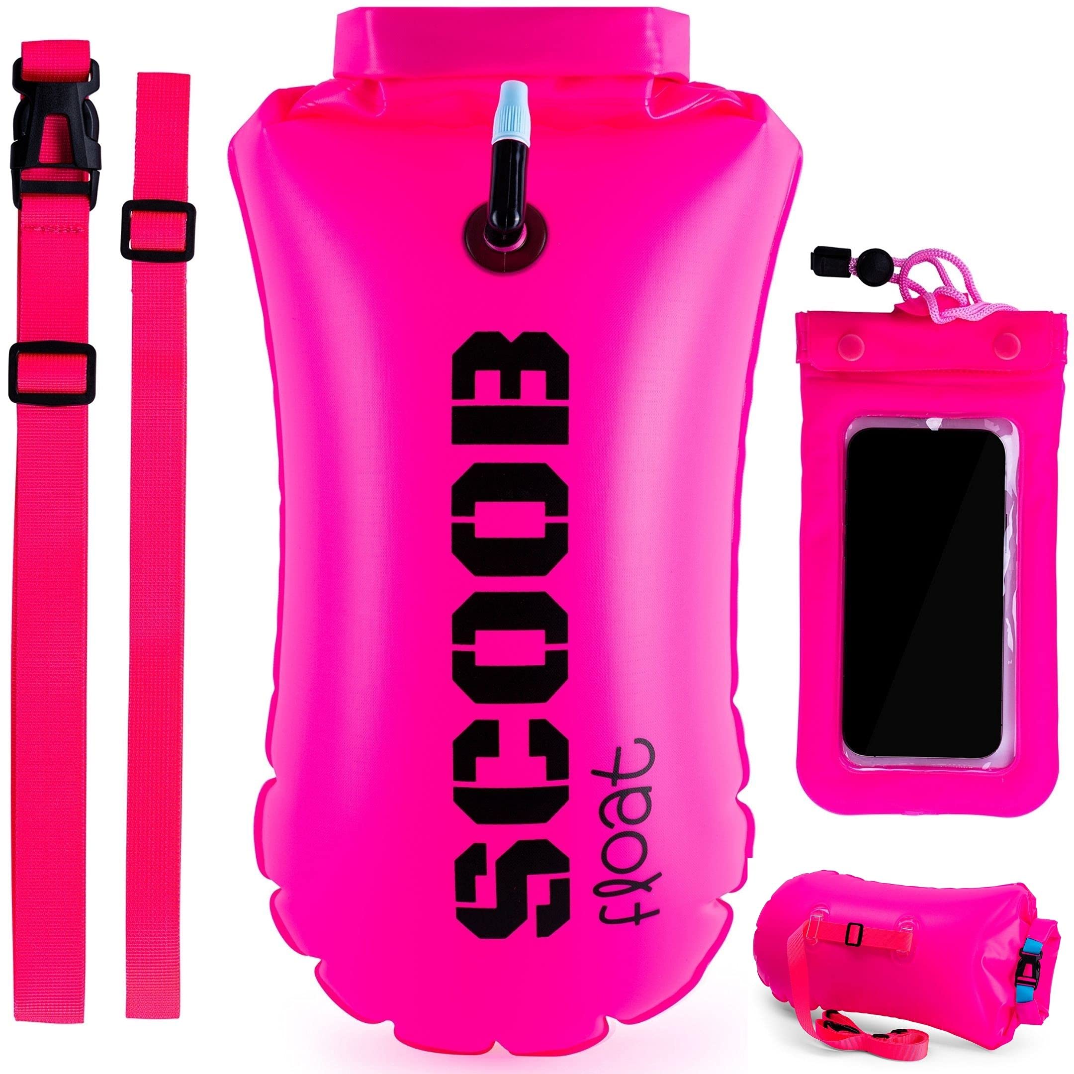 Swim Storage Buoy Tow Float Outdoor for Open Water Swimming. Lightweight Buoyancy Aid Bag for Swimmers Triathletes Surfers Adults and Children. Bright Safe + waterproof mobile phone case (Pink)