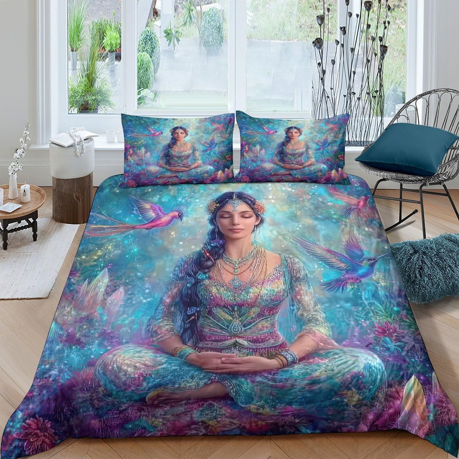Ctjqhvkz Style-8 3D Printed Fantasy Meditation Fitted Sheet Microfiber Soft Artistic Woman Birds Bed Cover Bedroom Decor Single（135X200cm）