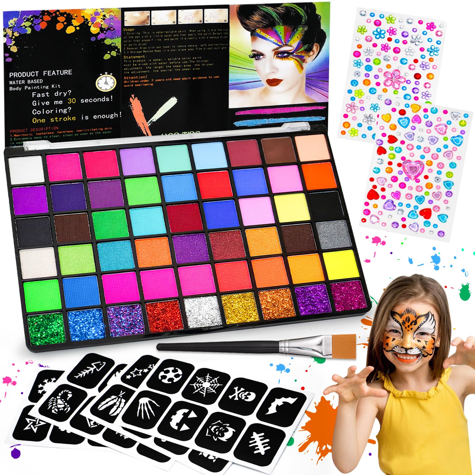 Gigmeta Kinderschminke Set - 54 Gesichtsfarben Kinderschminken Set inkl. professionellen Pinsel, 4 Schablonen, 2 Diamant-Sticker - Ideal für Halloween, Theater & Bodypainting
