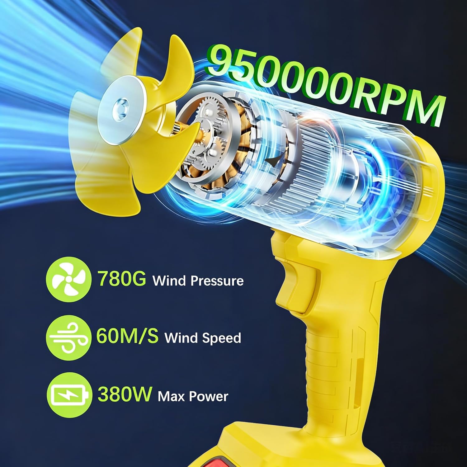 Leaf Blower with 21V*2 Pcs Batteries, 950000RPM Powerful Fan, High Variable Speed 200 MPH, Handheld Air Blower, Perfect for Car Drying, Patio Cleaning, Lawn Caring, Leaves Blowing (Yellow)