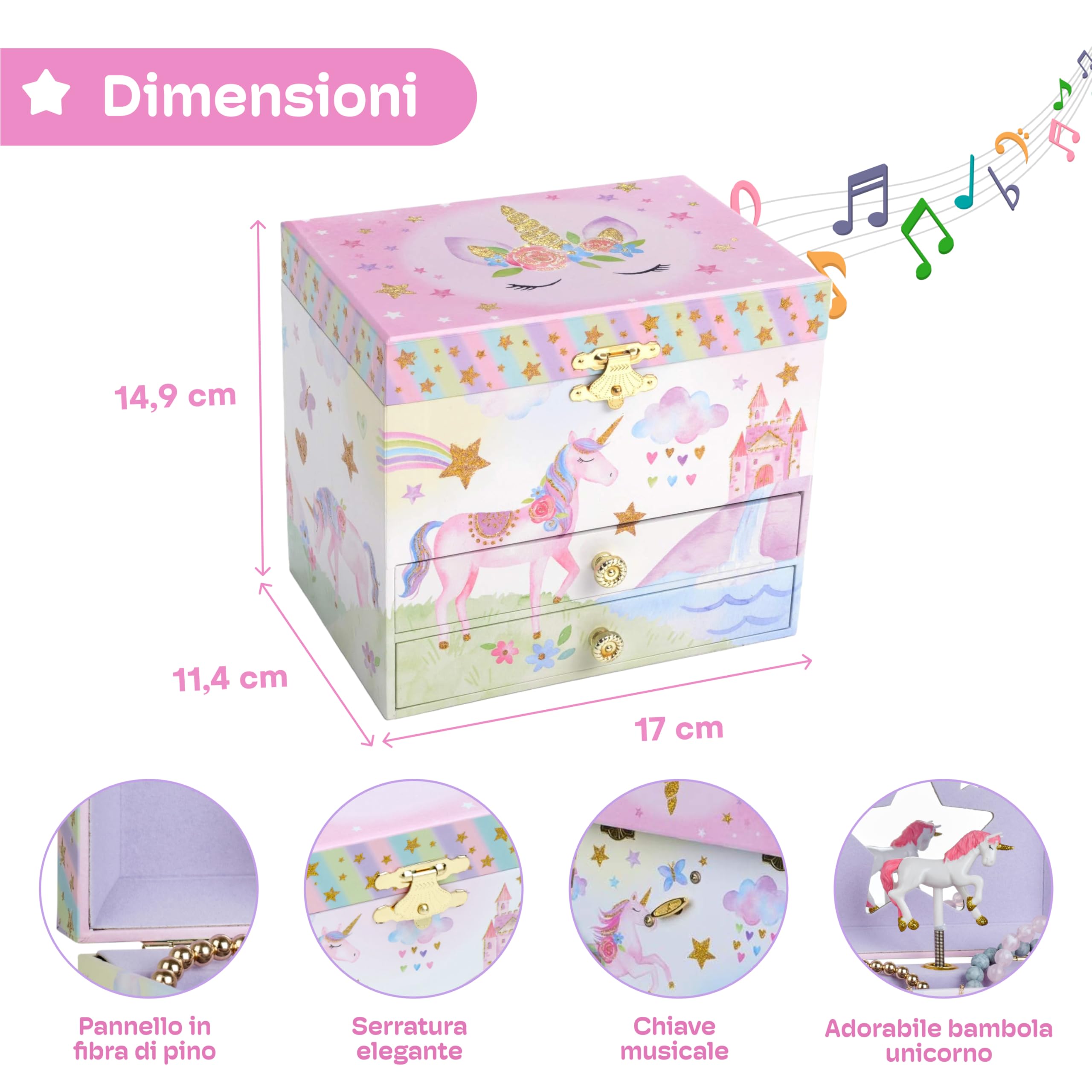 Jewelkeeper Carillon Portagioie Bambina - Porta Gioie con Unicorno, Specchio Stella, 2 Cassetti - Design con Paillettes, Dettagli Incantevoli per Conservare Gioielli e Ricordi