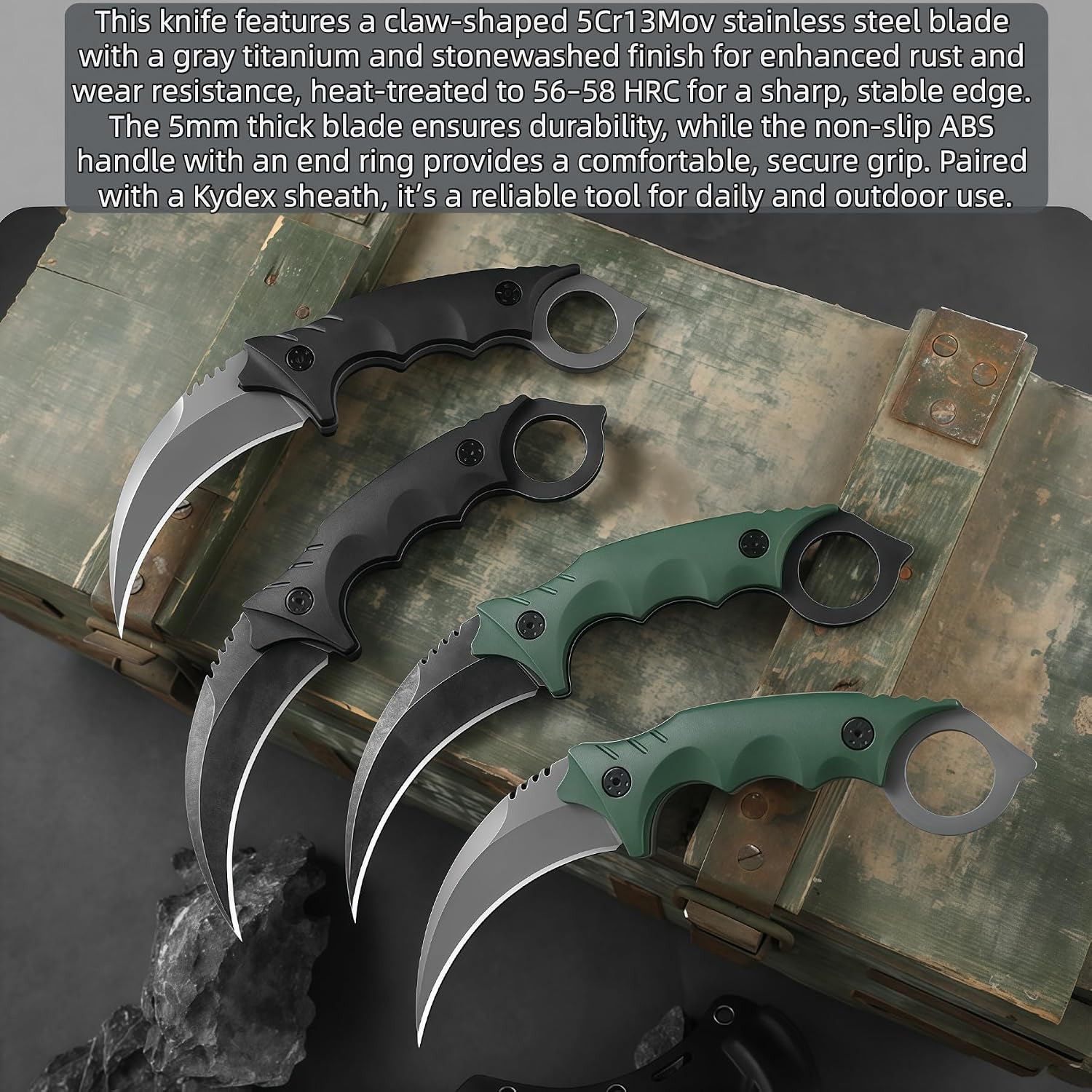 Fixed Blade Knife Set - 5Cr13Mov Steel(58 HRC), Kydex Sheath, Camping Gear, Bushcraft Knife, Lightweight Outdoor Pocket Knife For Hiking, 4-Piece (Black & Green, Stonewashed & Gray Titanium Finish)