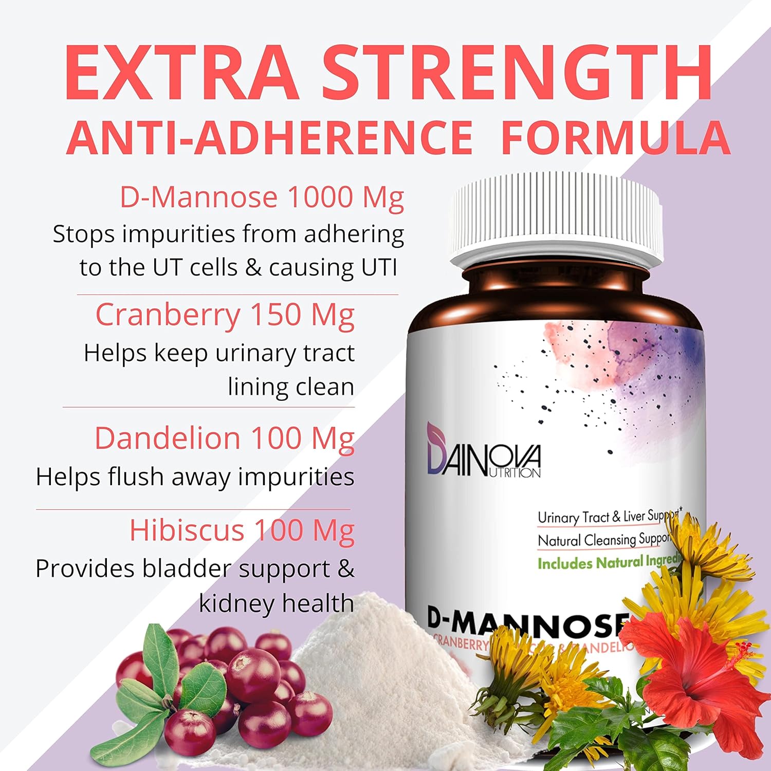 Dainova D Mannose 1350mg with Cranberry I D-Mannose Capsules for UTI Prevention, Urinary Tract Support, Urinary Tract Health for Women, & Cleanse. W/Hibiscus & Dandelion, 120 Veggie Capsules