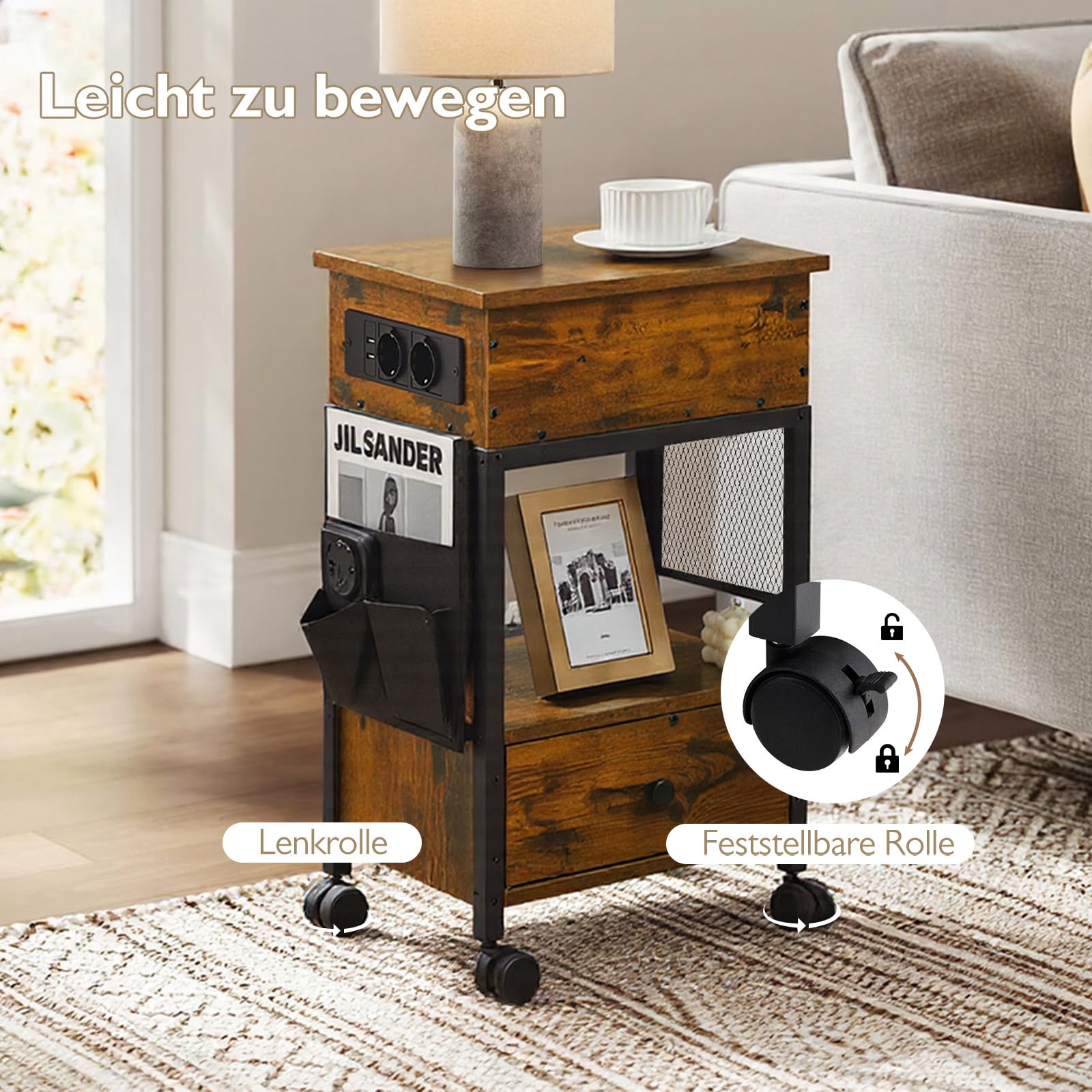 CLIPOP Nachttisch höhenverstellbar, mit Ladestation 2 USB + 2 AC 40*30*63cm