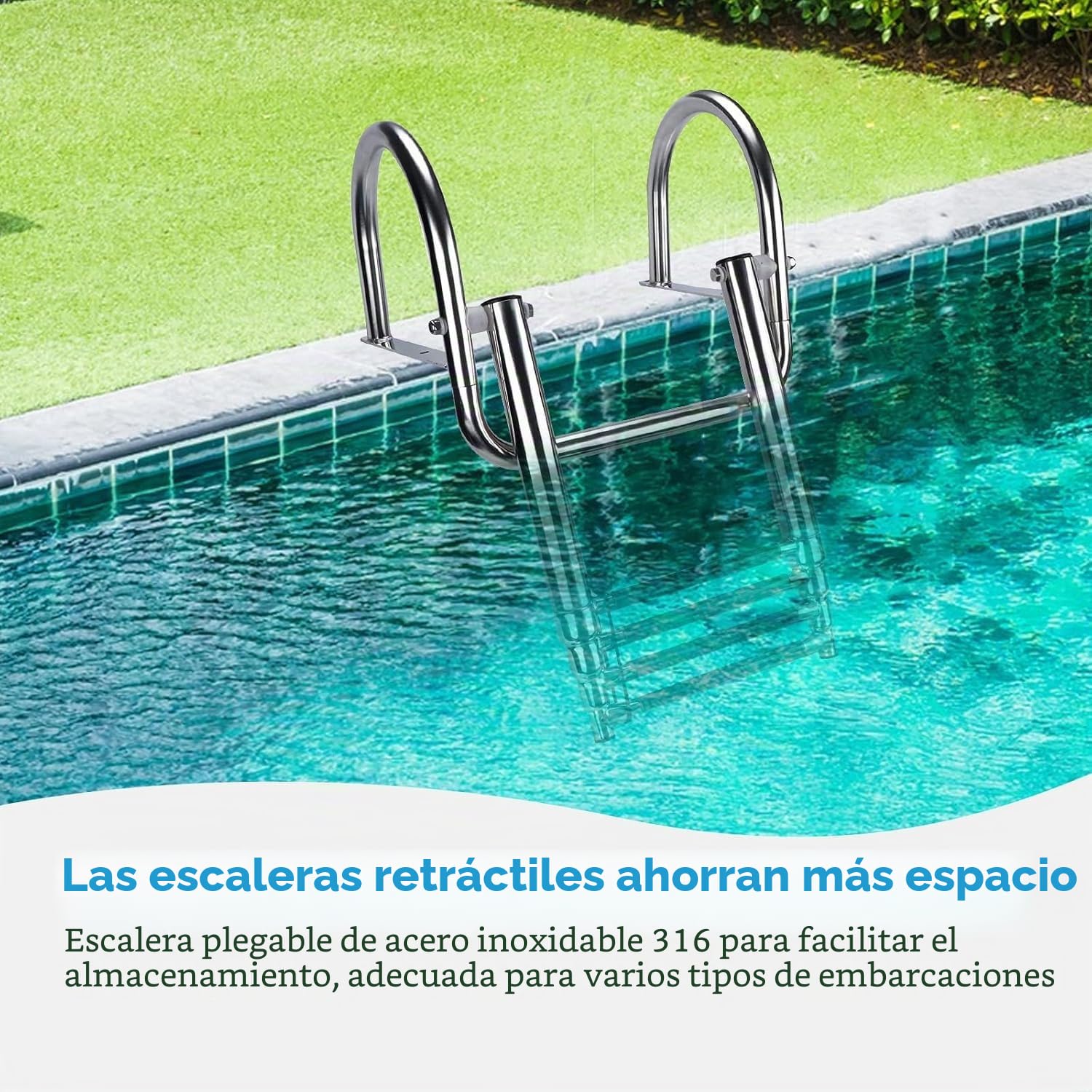 Escalera de baño de 4 peldaños, plegable, para barcos y piscinas, de acero inoxidable, telescópica, con asas y pedal ancho para marina