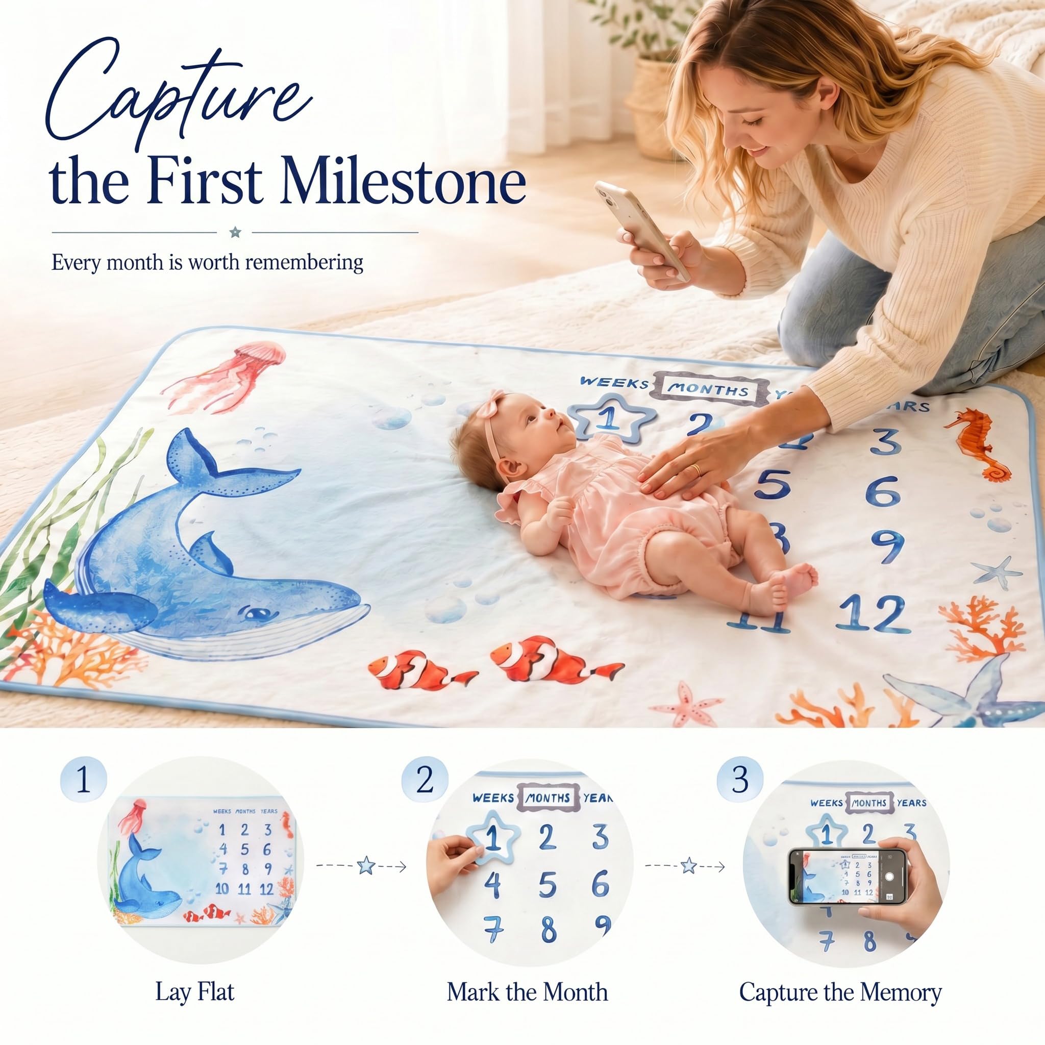 Manta de hito para bebé, diseño original, manta mensual de hitos para niños y niñas, manta de accesorios de fotografía para bebé, 60 x 40 pies, mundo oceánico