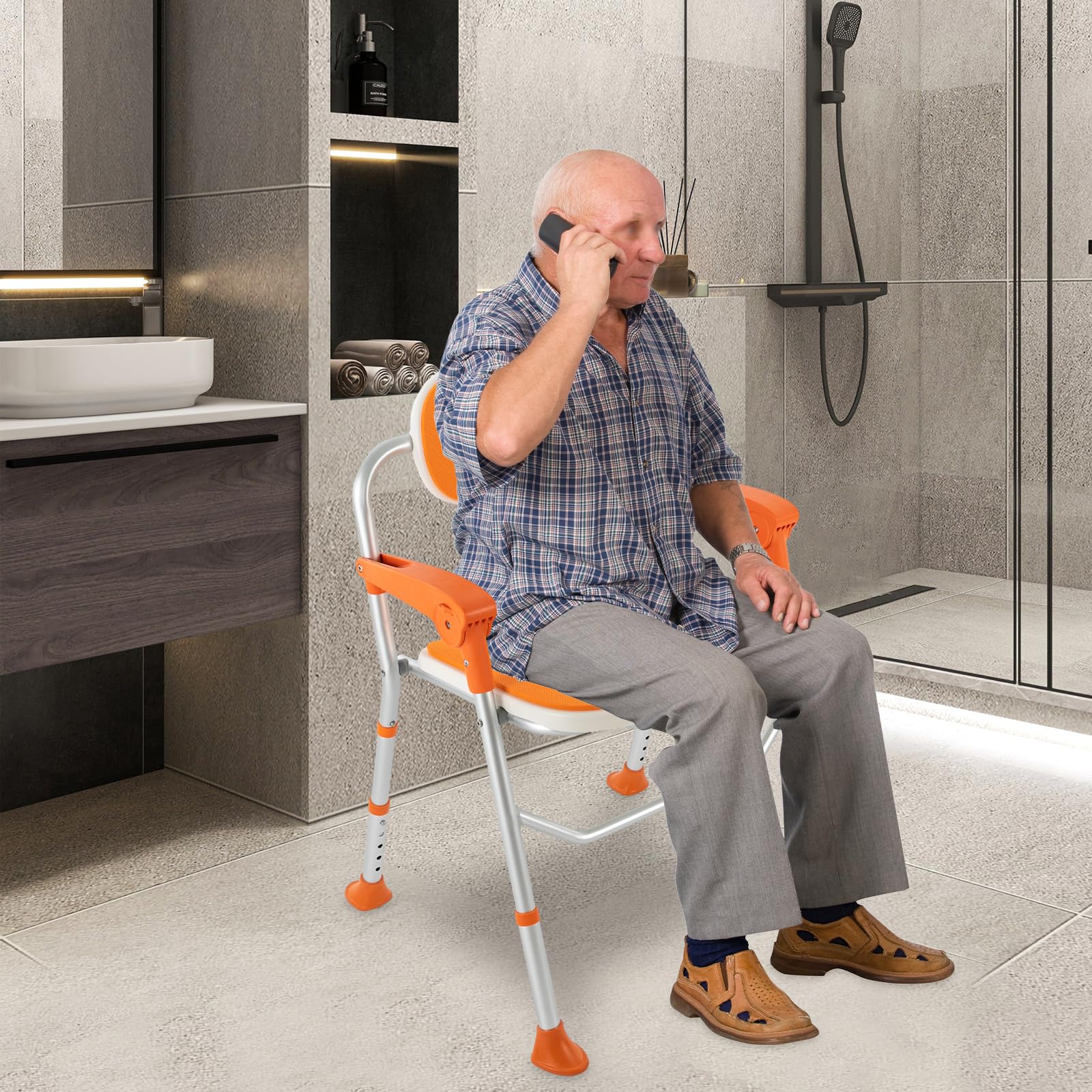 Silla de ducha regulable en altura, altura ajustable 39-49 cm, con respaldo, reposabrazos soporta hasta 150 kg, con almohadillas antideslizantes para los pies, silla de baño para personas