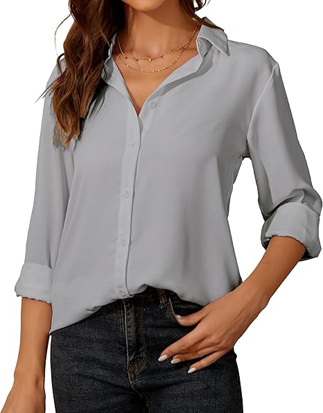Camicia Donna Maniche Lunghe In Chiffon Leggero, Scollo A V, Elegante E Casual Per Ufficio E Tempo Libero - 4