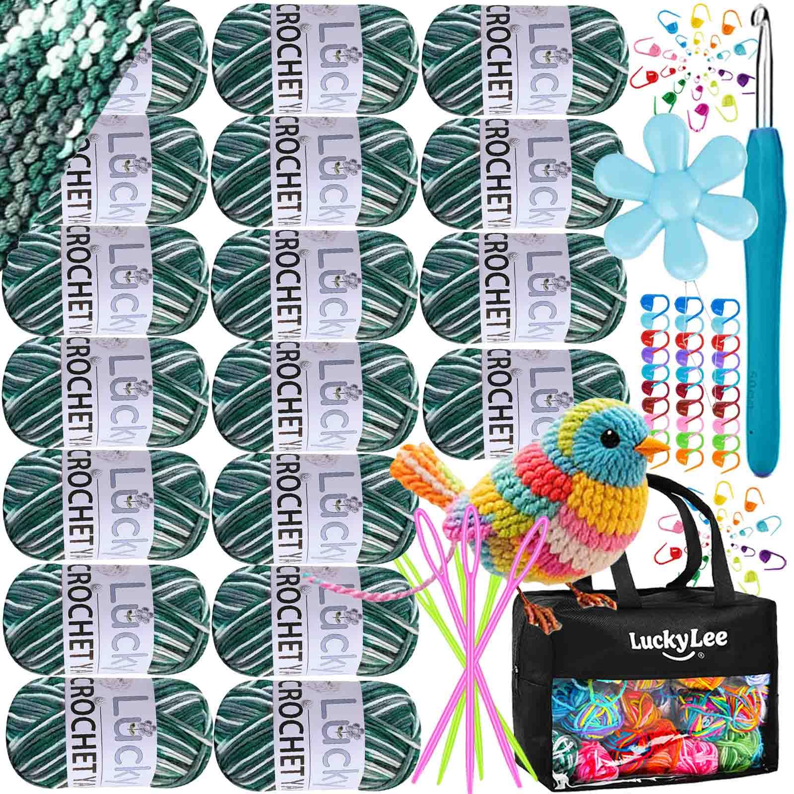 Crochet Yarn (18 * 25g), Acrylic Wool Double Knitting Wool, Crochet Wool with Carry Bag, Aluminum Crochet Hooks Stitch Markers, Ombre Color Yarn for DIY Craft Blankets Socks Dolls (07-Green)