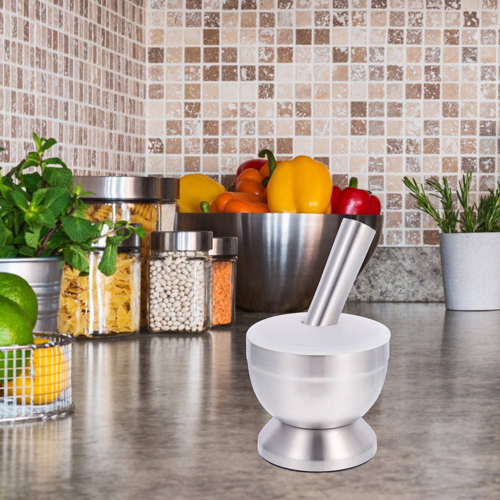 ULTECHNOVO Mortaio in Acciaio Inossidabile per Cucina, Schiaccia Aglio Grande Design Ergonomico, Facile da Conservare, Utile Gadget da Cucina per Miscelare Spezie