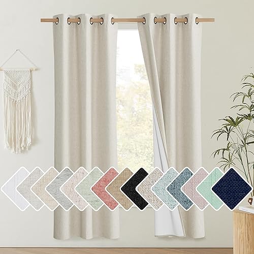 NICETOWN Natural Thick Linen Blend 100% Blackout Curtains 70" Long 2 Panels Set for Bedroom, 34" Wide, Rustic Grommet Thermal Insulated Flax Textured Full Blackout Window Draperies with White Liners