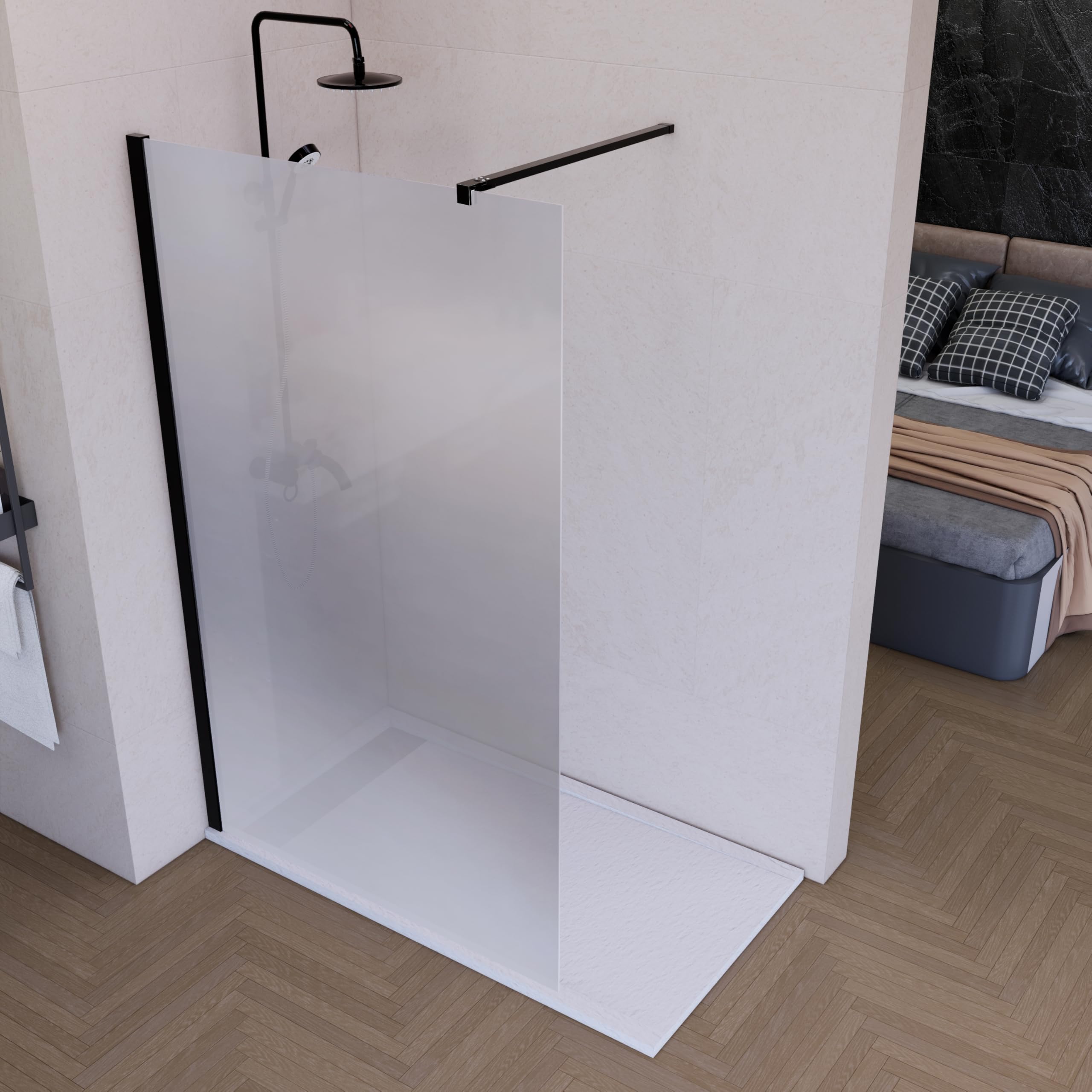 Mampara de Ducha Fija Negra 90 x 200 cm Vitrificada, Cristal Templado Translucida 8 mm con Antical, Panel Walk In Reversible para Baño Moderno