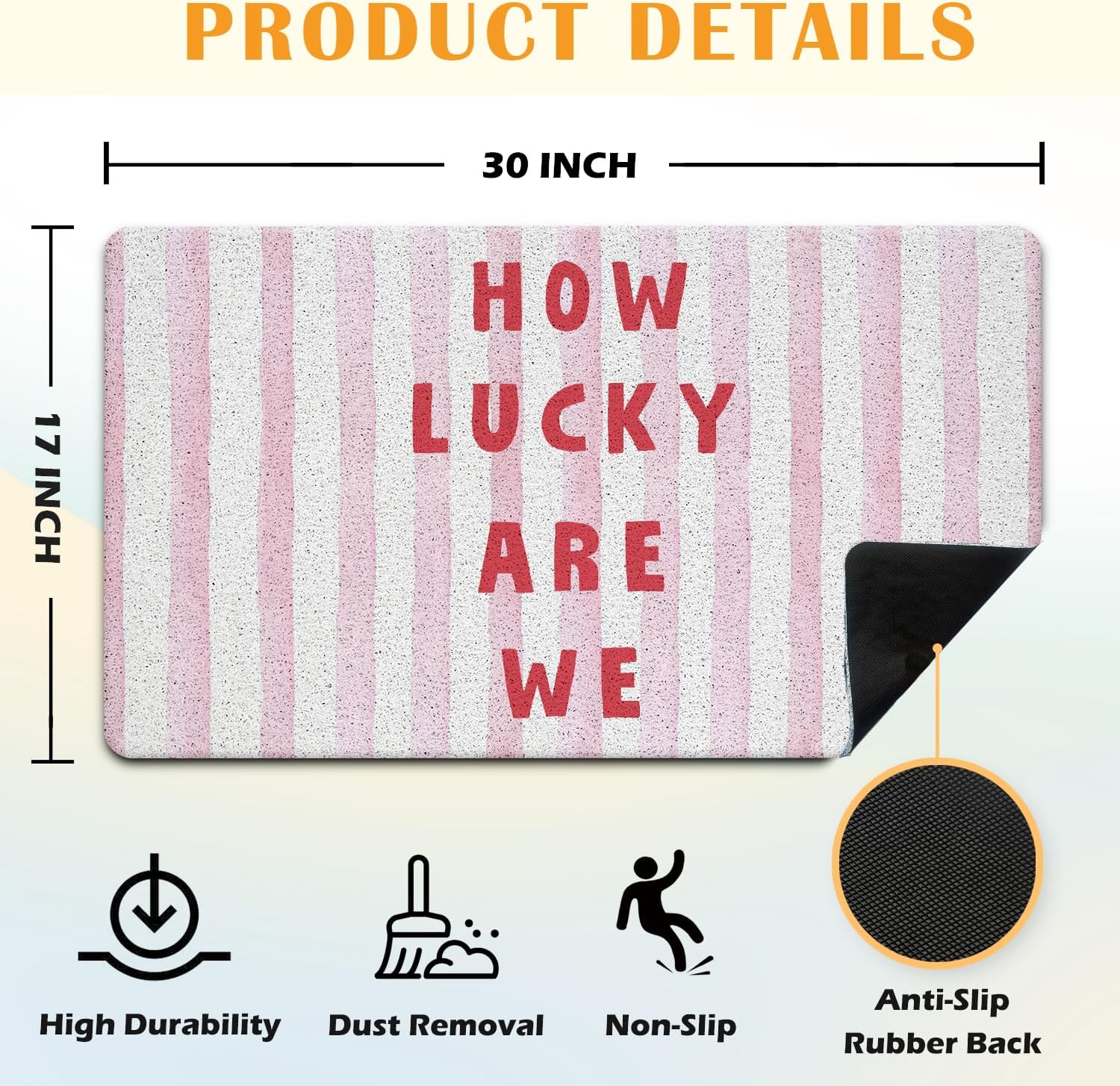 JINYO Trendy Aesthetic Pink Red Striped Door Mat, Cute Girly How Luck are We Welcome Mat Doormat for Girls Room Dorm Apartment Indoor Outside Entrance Entryway, 17x30 Inch