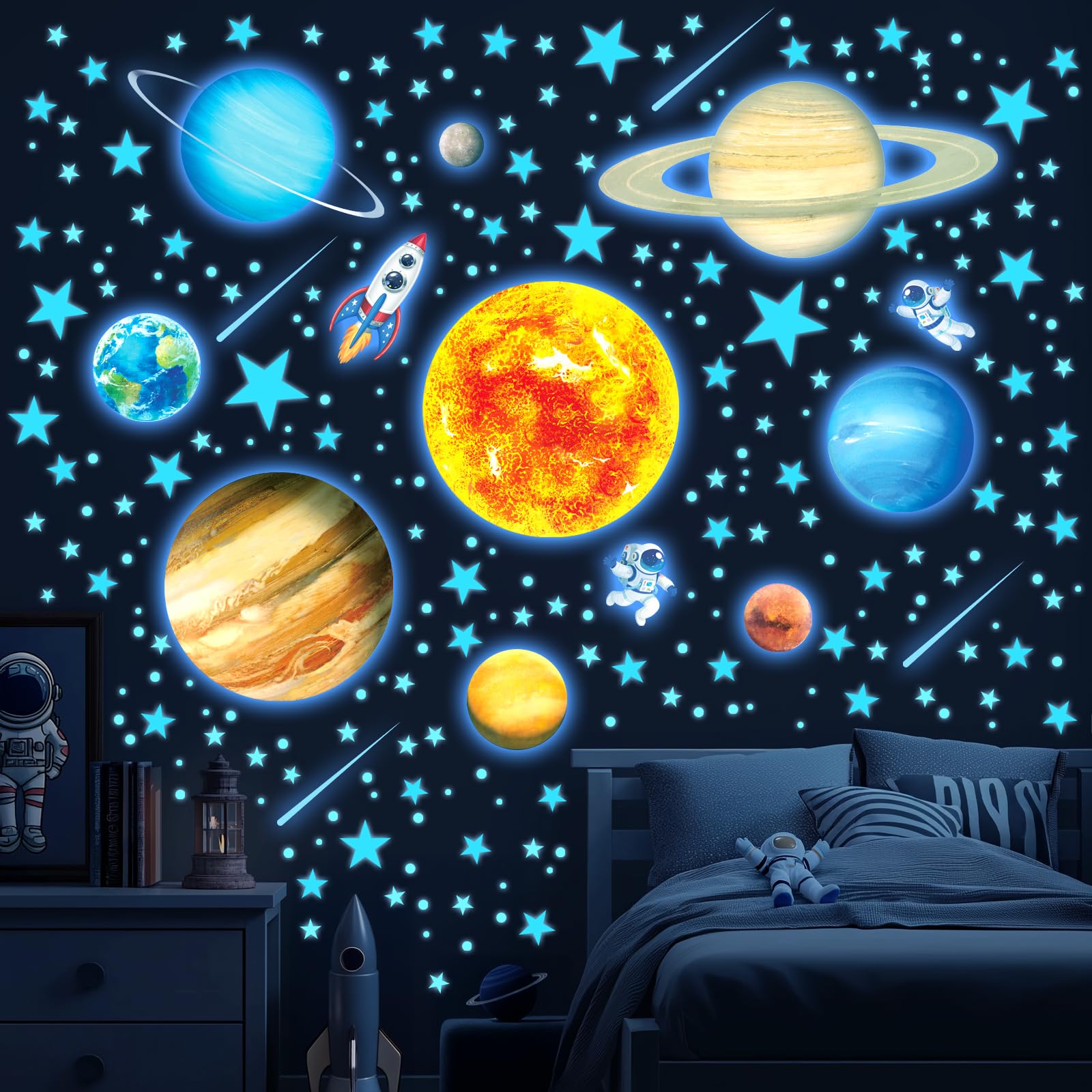 Decowall Boys Glow In The Dark A Glow-In-The-Dark Solar System Wall Stickers – Planets, Stars, Rockets, And Astronauts For Kids Bedroom, Nursery, Playroom Décor (Gds8-8098)
