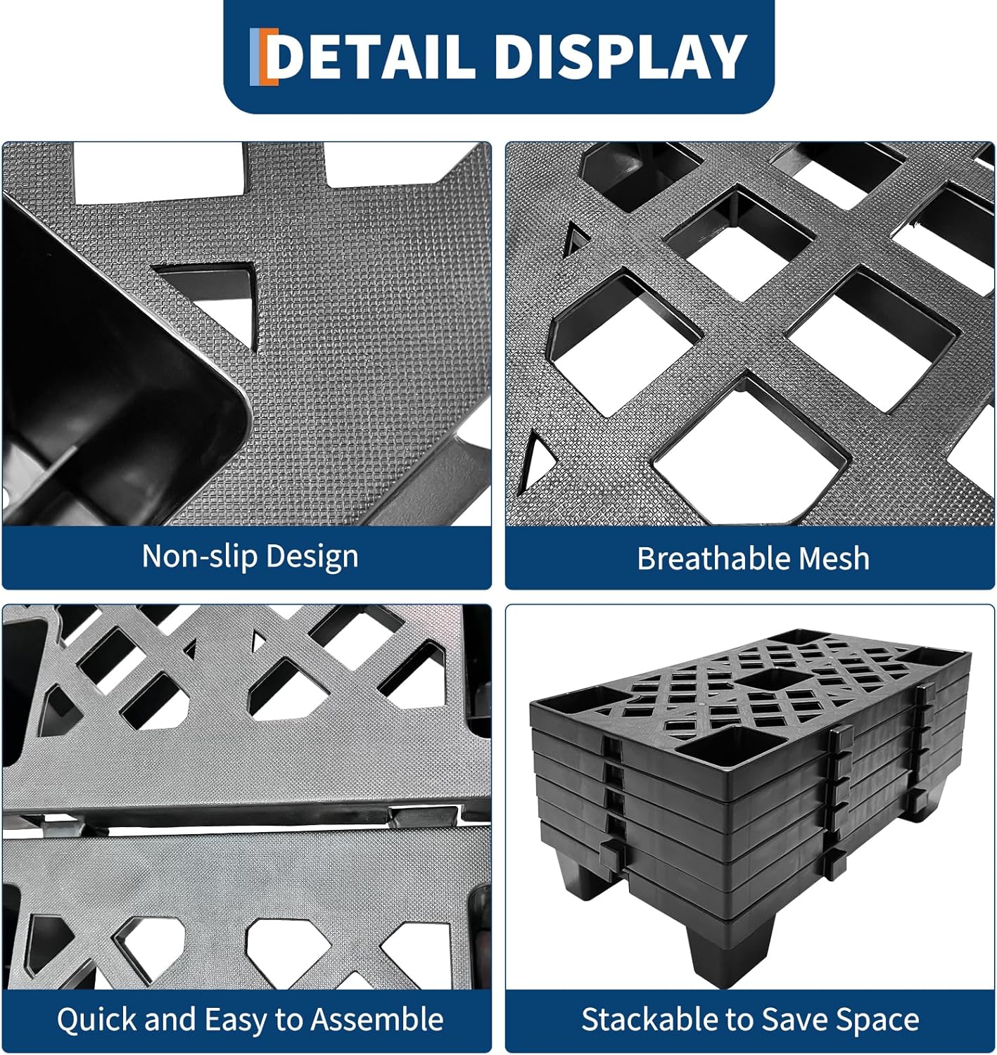 6 Pack Black Plastic Pallets, Interlocking & Nestable Floor Tiles, Heavy Duty HDPE Grid Pads for Garage, Basement, Warehouse, 19.7" x 11.8" x 3.9"