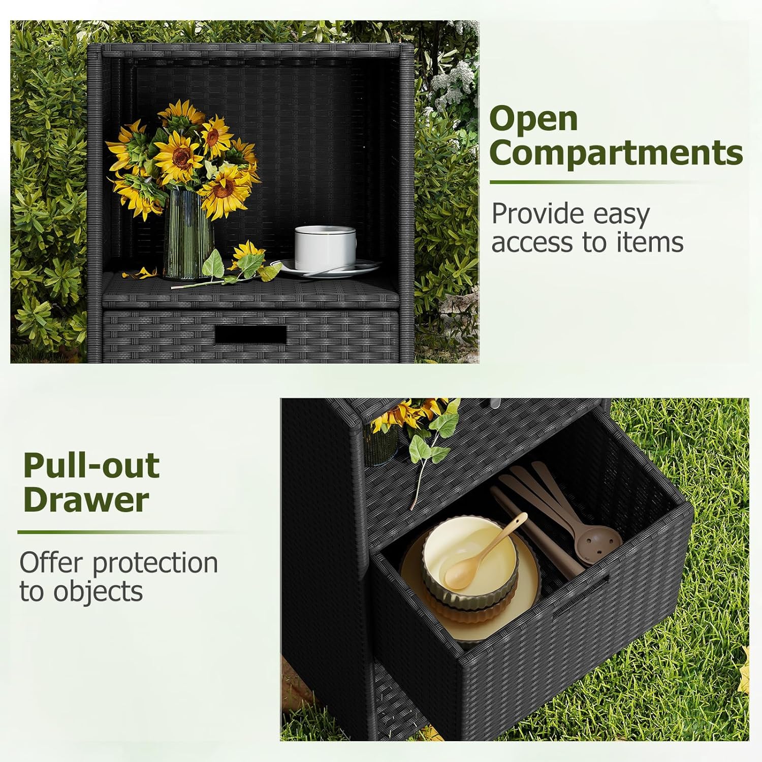 HAPPYGRILL Outdoor Storage Cabinet PE Rattan Wicker Storage Shed Organizer with Shelves Drawer, for Patio Porch, Garden, Backyard and Poolside (Black)