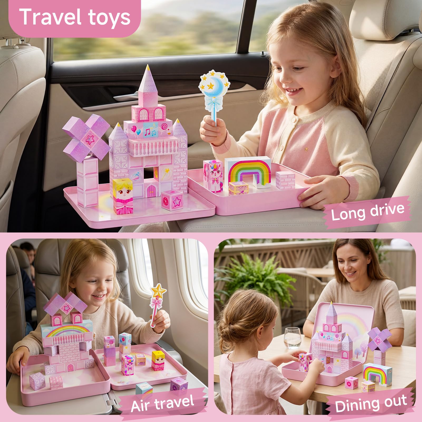 burgkidz 48-teiliges Einhorn-Magnetbausteine-Set – 2 cm Magnetwürfel mit Zauberstäben & Reiseblechdose – 30s Aufräumen für Zug, Flugzeug & Camping – Prinzessinnen-Geschenk für Mädchen ab 3 Jahren