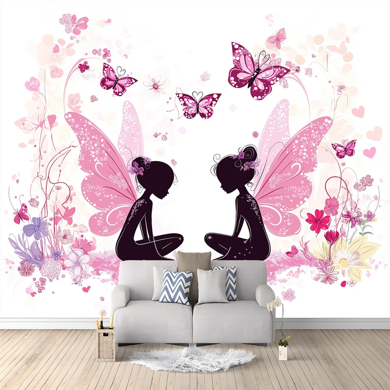 Générique Papier Peint intissé Fille Papillon Rose Dessin Animé 350x256 cm Papier Peint Photo Panoramique, Poster Geant Mural Personnalisé 3D, pour Salon Cuisines Chambre Adulte Enfant Décor Murale