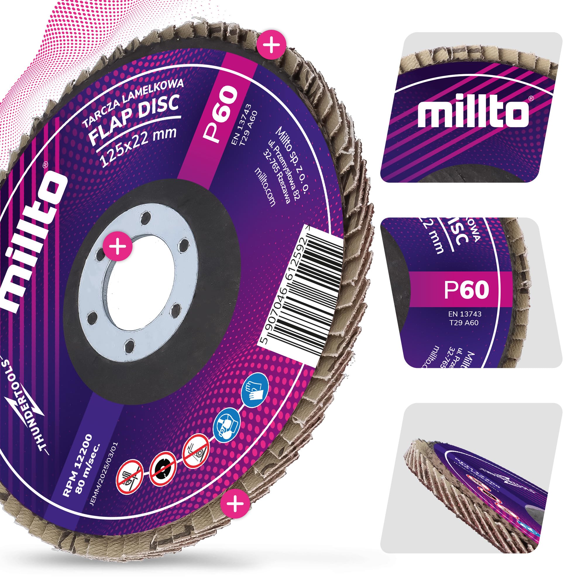 Millto Disque À Lamelles 125x22,2 mm Grain 60 T29 pour Métal Bois Meuleuse Angulaire
