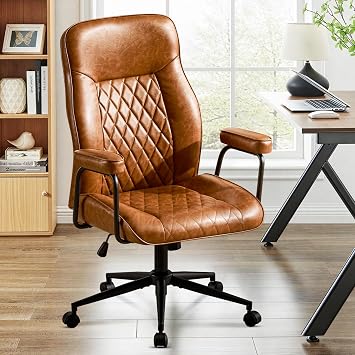 Ergonomic Office Chair, High Back Faux Leather Executive Chairs, Mid Century Modern Office Chair with Lumbar Support, Adjustable Swivel Computer Chair with Wheels and Arms, Brown