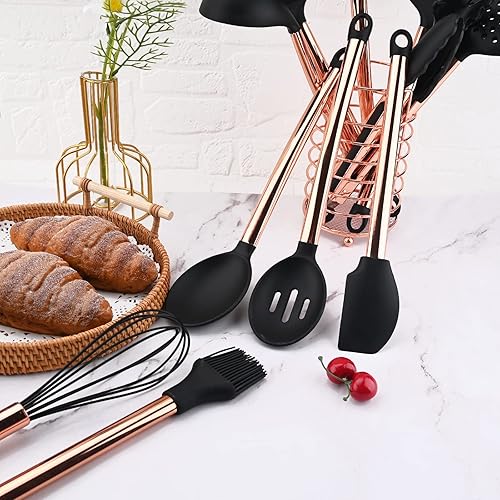 Miniatura 7 de Juego de 12 utensilios de cocina de cobre y negro con soporte, espátulas de silicona con mango de acero inoxidable de oro rosa, pinzas de cobre para