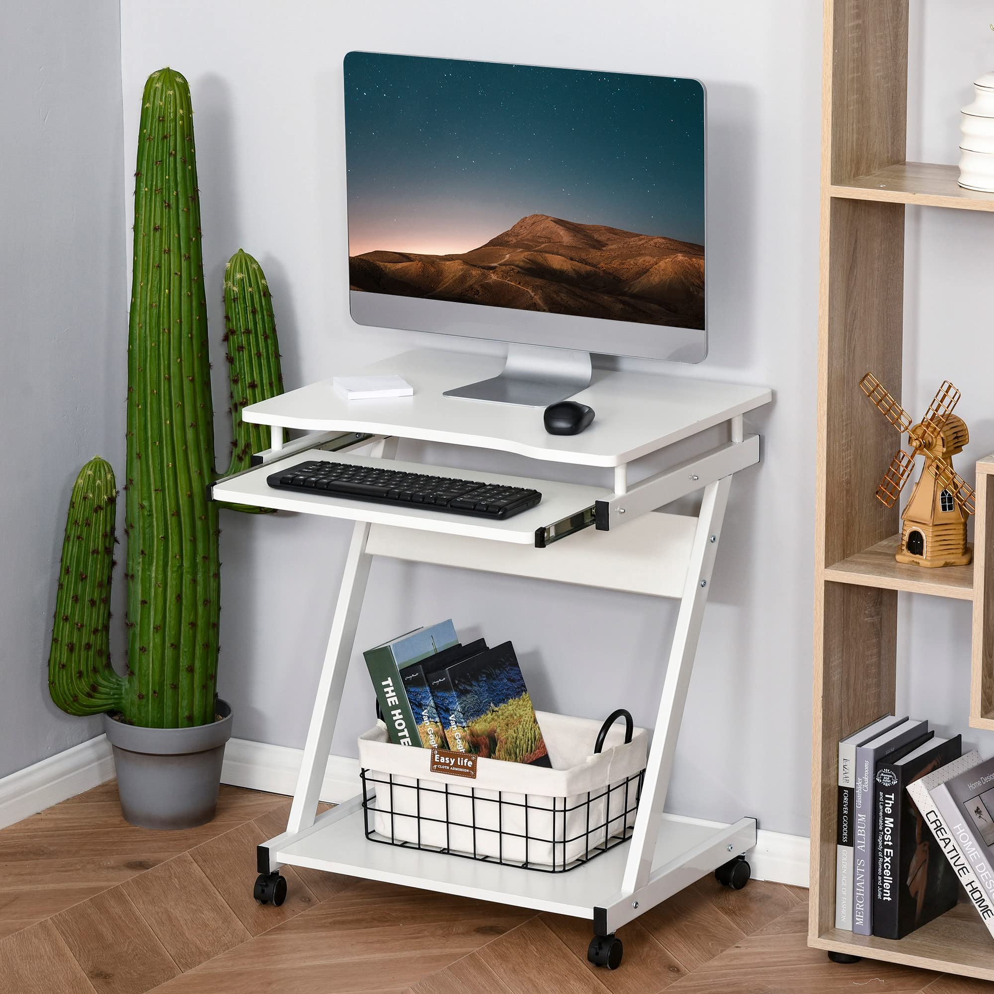 HOMCOM Mesa de Ordenador con Ruedas, 60x48 cm, Escritorio de Ordenador Moderno con Bandeja Deslizante para Teclado y Estante Inferior, Marco Metálico en Forma de Z, para Oficina, Estudio, Blanco