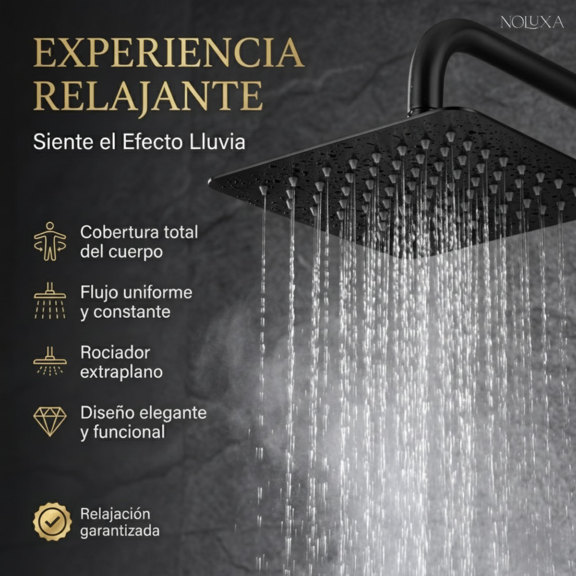 IMEX - Rociador Ducha Efecto Lluvia 40x40cm Negro Mate | Rociador Cuadrado Extraplano y Antical para Columna de Ducha | Fabricado de Acero Inoxidable S.304 | Recambio Original IMEX