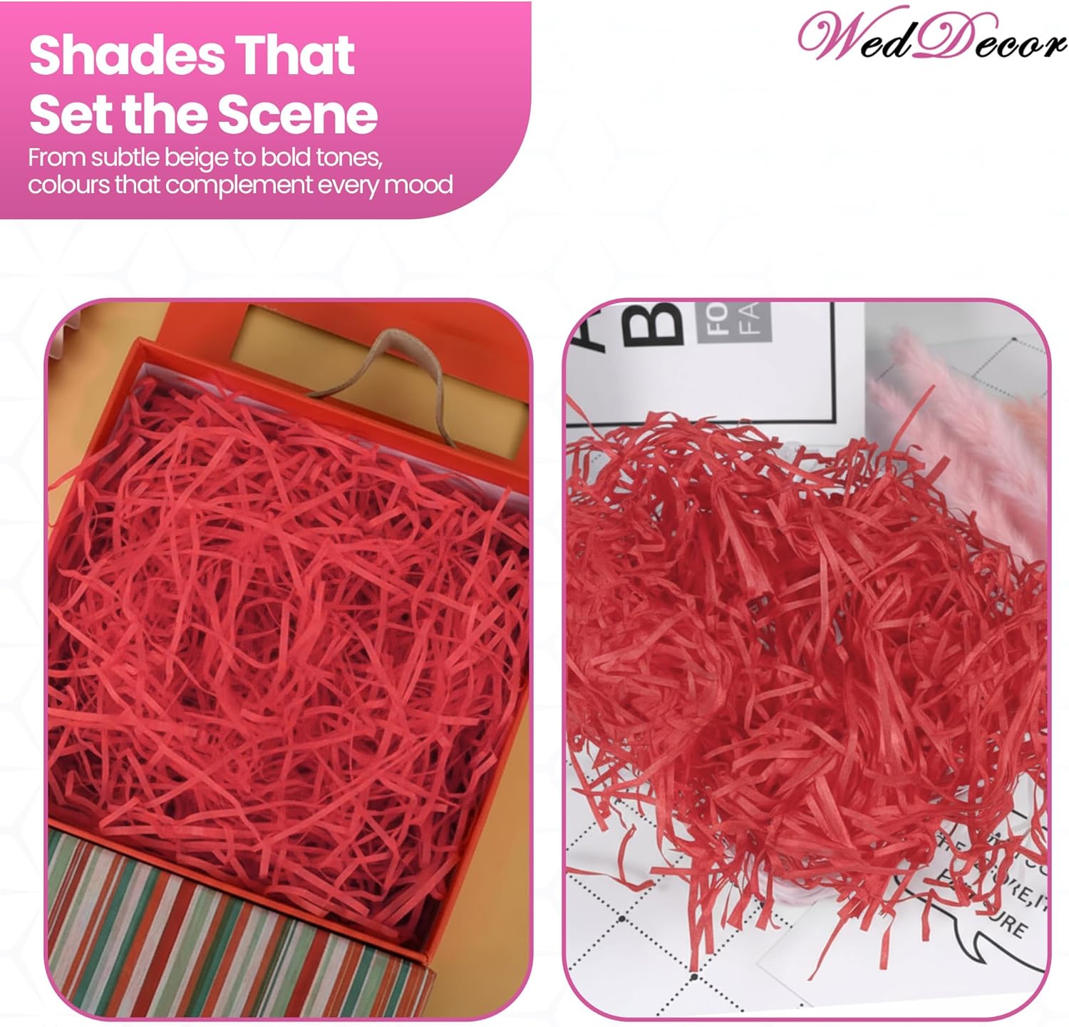 WedDecor Shredded Tissue Paper for Gift Boxes - Packaging & Gift Wrapping Filler, Perfect for Hampers, Basket Stuffing & Packing, Christmas, Weddings, DIY and Crafts, Red, 500g