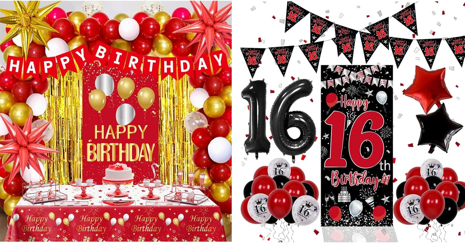 16th Birthday Decorations for Boys Girls, Red Black Happy 16th Birthday Balloons & Red and Gold Party Decorations, Red Birthday Decorations for Men Women
