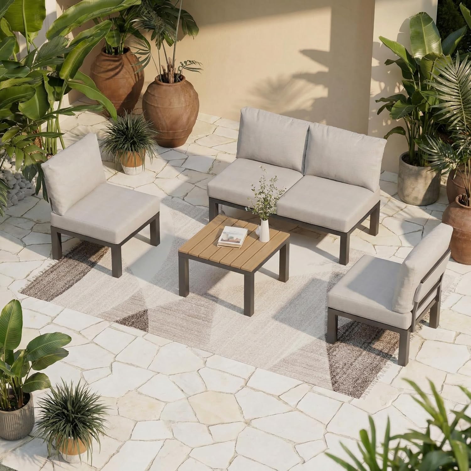 ZANDOR 7 Pieces Aluminum Outdoor Patio Furniture Set, Movable Backrest Modular Sectional Sofa Set, Metal Conversation Set with 4-inch Thick Cushion for Garden Backyard Porch, Grey