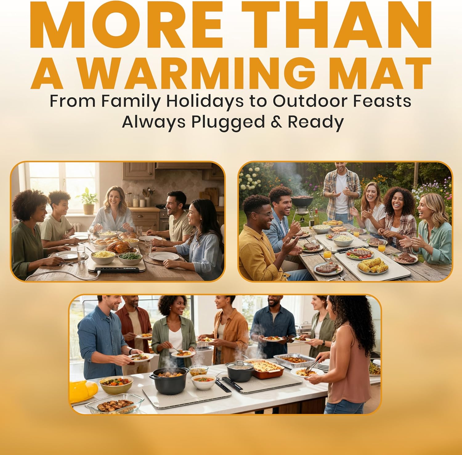 Lalush’e XL Electric Food Warming Mat 24 × 15 (2-Pack) - Graphene Heating Pads with Color-Changing Surface, 8 Temp Levels, 6 Timers, Child Lock, Parallel Connection, Insulating Pads & Spoon Rest