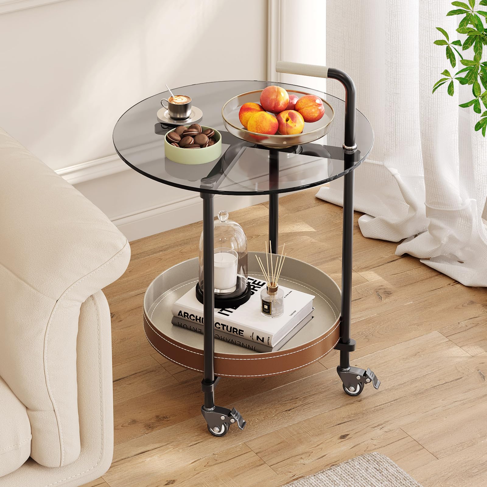 Guyii Mesa auxiliar con ruedas, mesa auxiliar redonda para salón, mesa de cama móvil con ruedas, mesa de sofá con estante, mesa auxiliar moderna (estilo B)