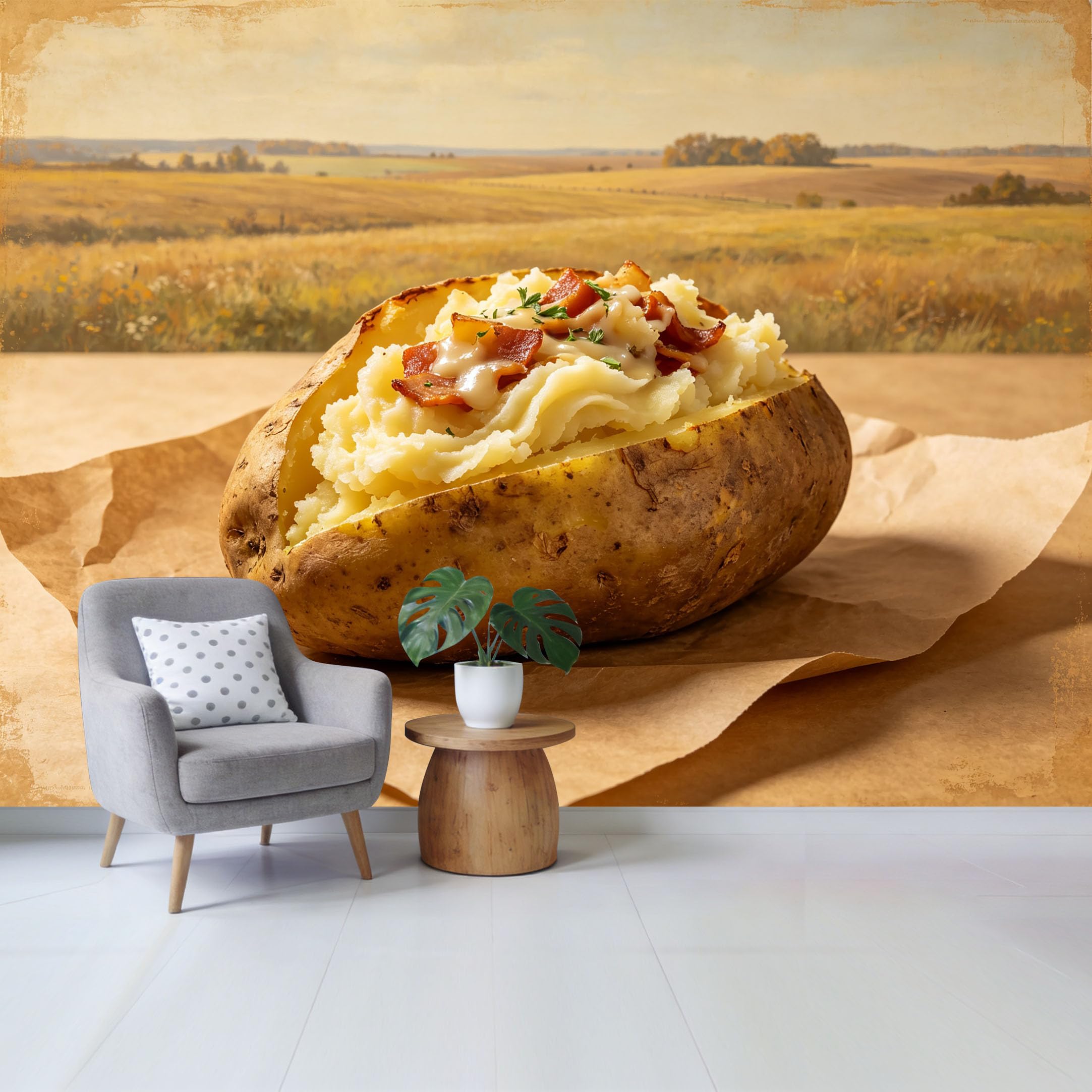 Qzlithotic Yq2605251020 Custom Size Wall Mural Rustic Baked Potato With Bacon Farmhouse Culinary Oil Painting Selfadhesive Wall Fabric Removable Wallpaper For Home Office Decor