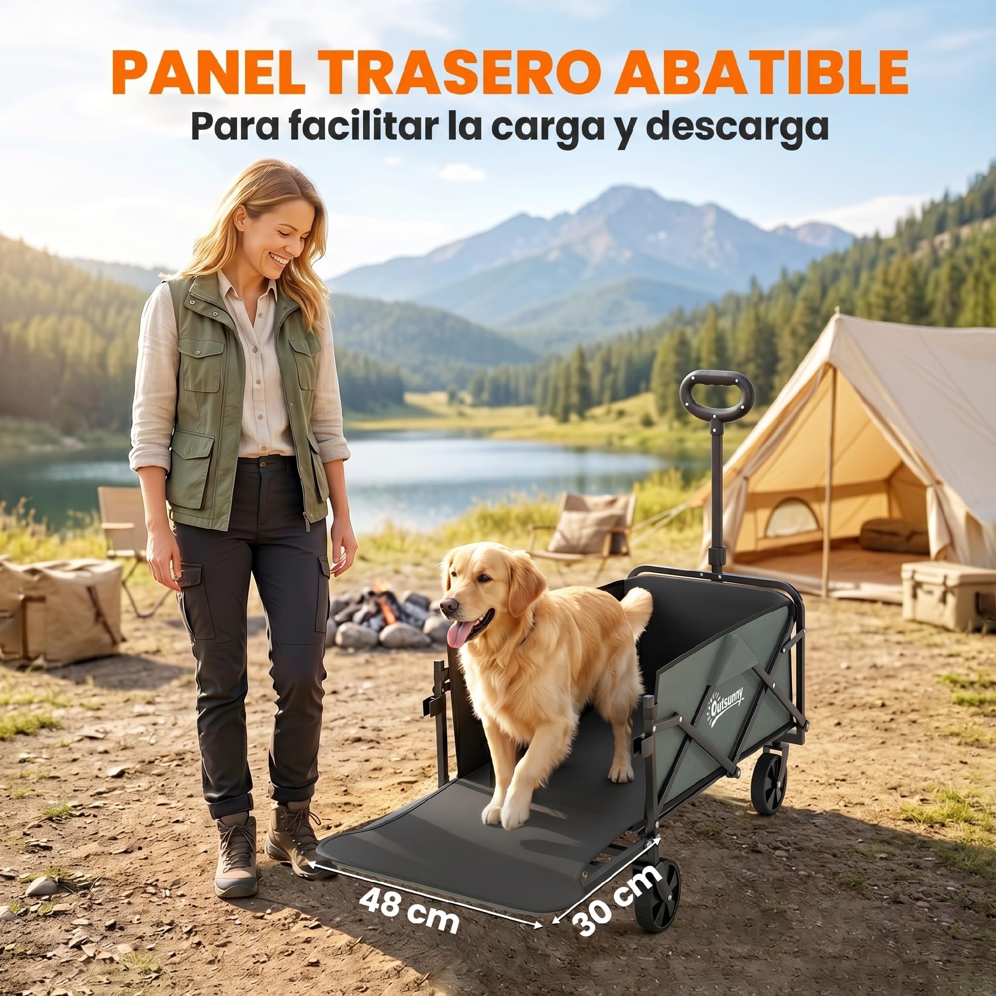 Outsunny Carro Playa con Ruedas Carro de Jardín Plegable con Mango Telescópico Ajustable Puerta Trasera Expandible Carga 90 kg Carrito Transporte para Todo Terreno Jardín Campaña Compra Verde