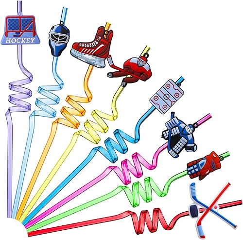 Roshtia 24 popotes de hockey sobre hielo, pajitas rizadas y retorcidas para fiesta, pajitas locas, regalos de fiesta de hockey, popotes