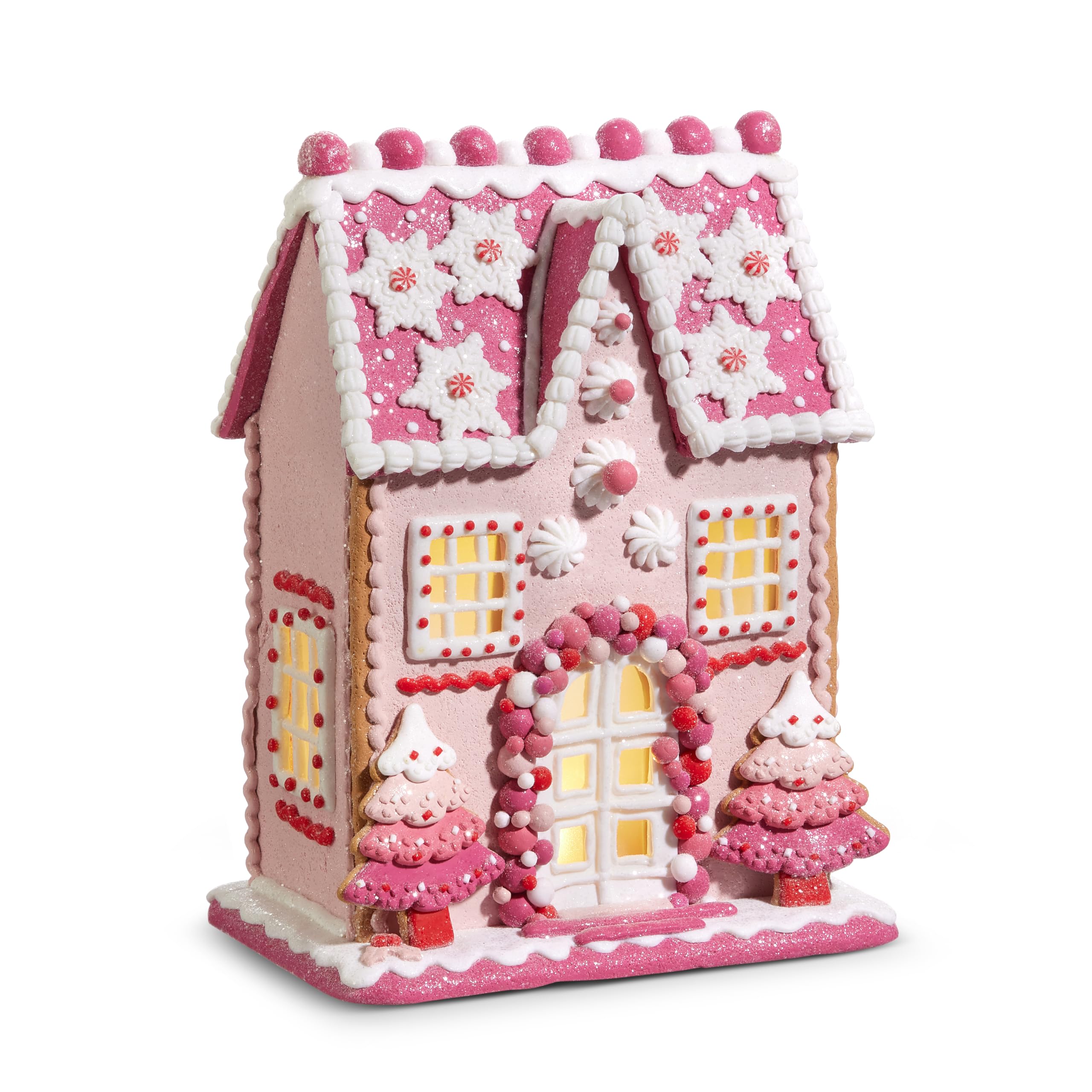 One Holiday Way Grande décoration de maison en pain d'épices rose pastel lumineux de 33 cm – Décoration de maison de village de Noël avec minuterie