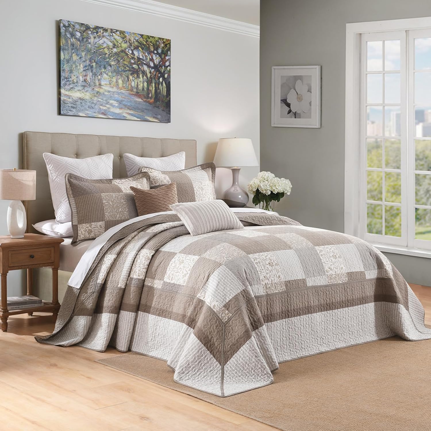 Oversized Queen Bedspread - 120" Lx102 W - 100% Cotton Lightweight Plaid Super Size Bedding Set - Reversible Extra Wide Quilt Bedspreads - 3 Piece - Gray/Beige/Island Fossil