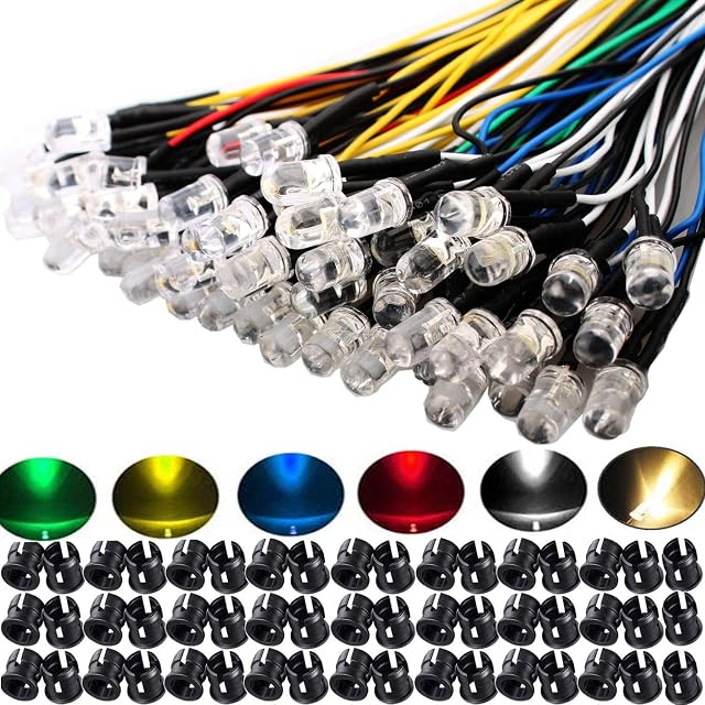RUNCCI-YUN 60Pcs 5mm Pre Wired LED Diodes Light Ultra Bright -White Warm White Red Blue Green Yellow (10PCS X 6 Colors) + 60Pcs 5mm Plastic LED Holder LED Light Mounting Holders