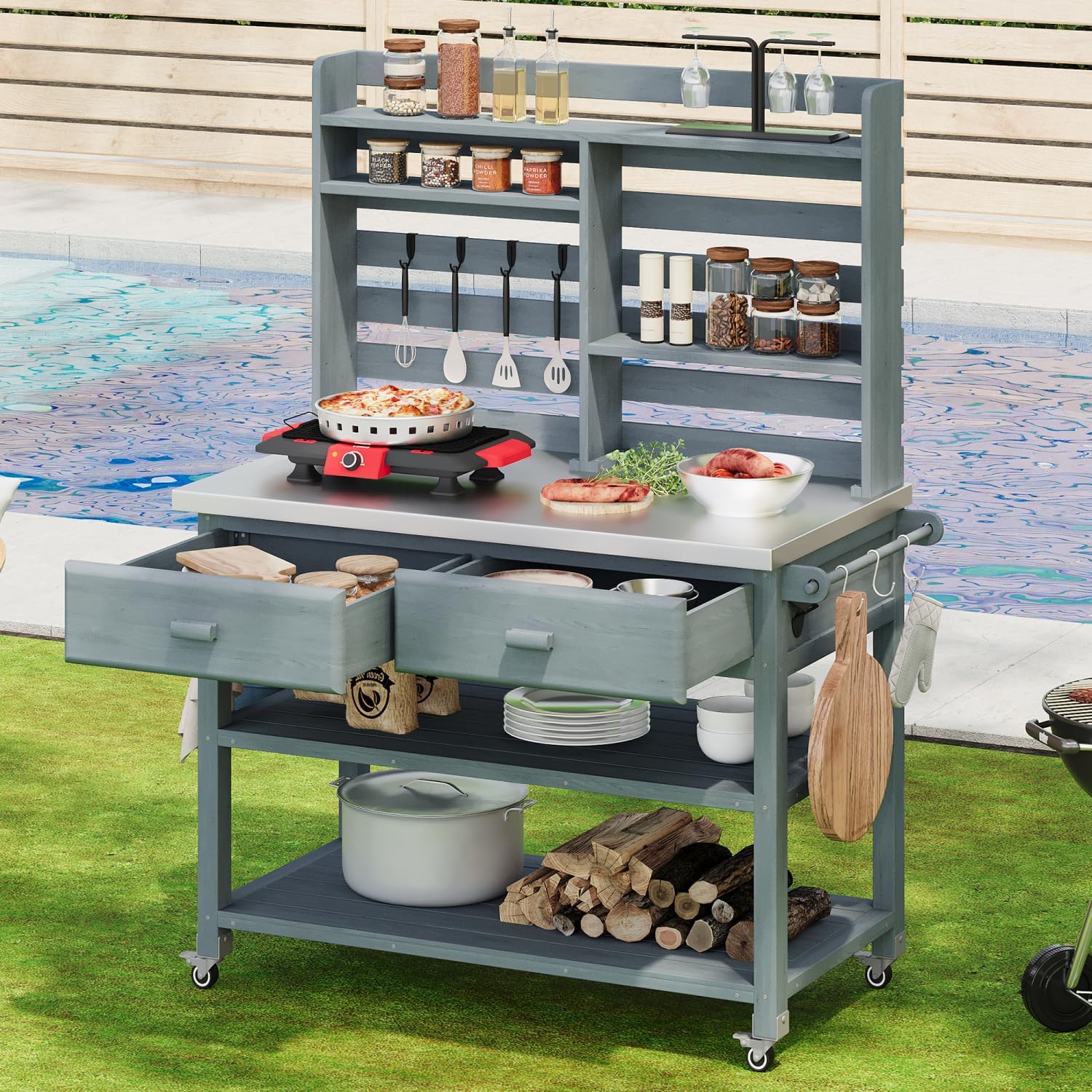 64.9" Outdoor Potting Bench Table with Lockable Wheels, Solid Wood Outdoor Kitchen Island with Upper Hutch, Stainless Steel Top, Towel Rack, Outdoor Storage for Grilling, Lawn Garden - Grey Blue