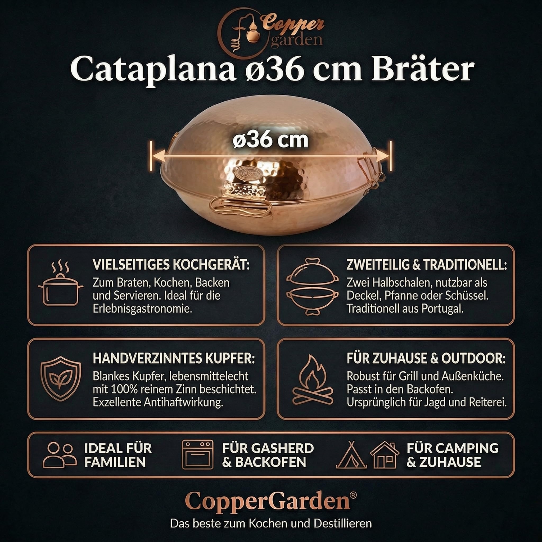 CopperGarden® Cataplana Bräter aus handverzinntem gehämmerten Kupfer mit ca 36 cm Durchmesser I Portugies. Kupferbräter mit perfekter Wärmeleitfähigkeit I Für Gas/Feuer/Grill & Backofen
